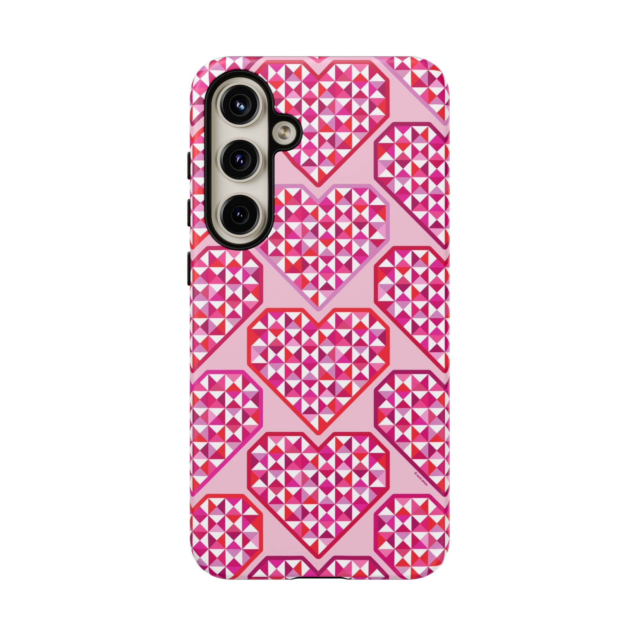 Pink Pyramid Heart Samsung Galaxy S24 Plus Case – Glossy | pink, magenta, white geometric heart pyramid print