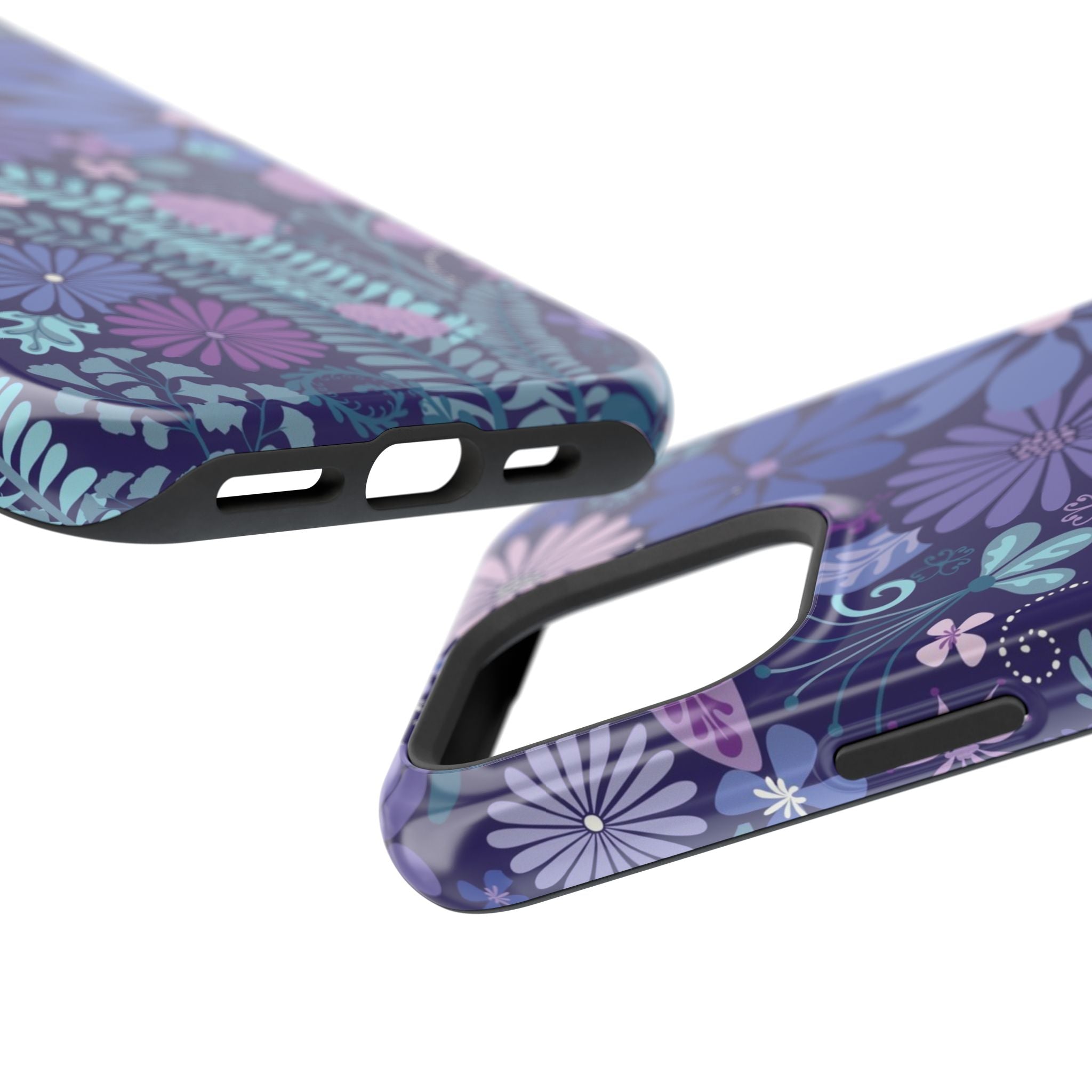 Luxury Terrain MagSafe iPhone 16 Pro Max Case – detail view of ports, buttons, and camera cut out in case in navy, purple, aqua botanical woodland floral print