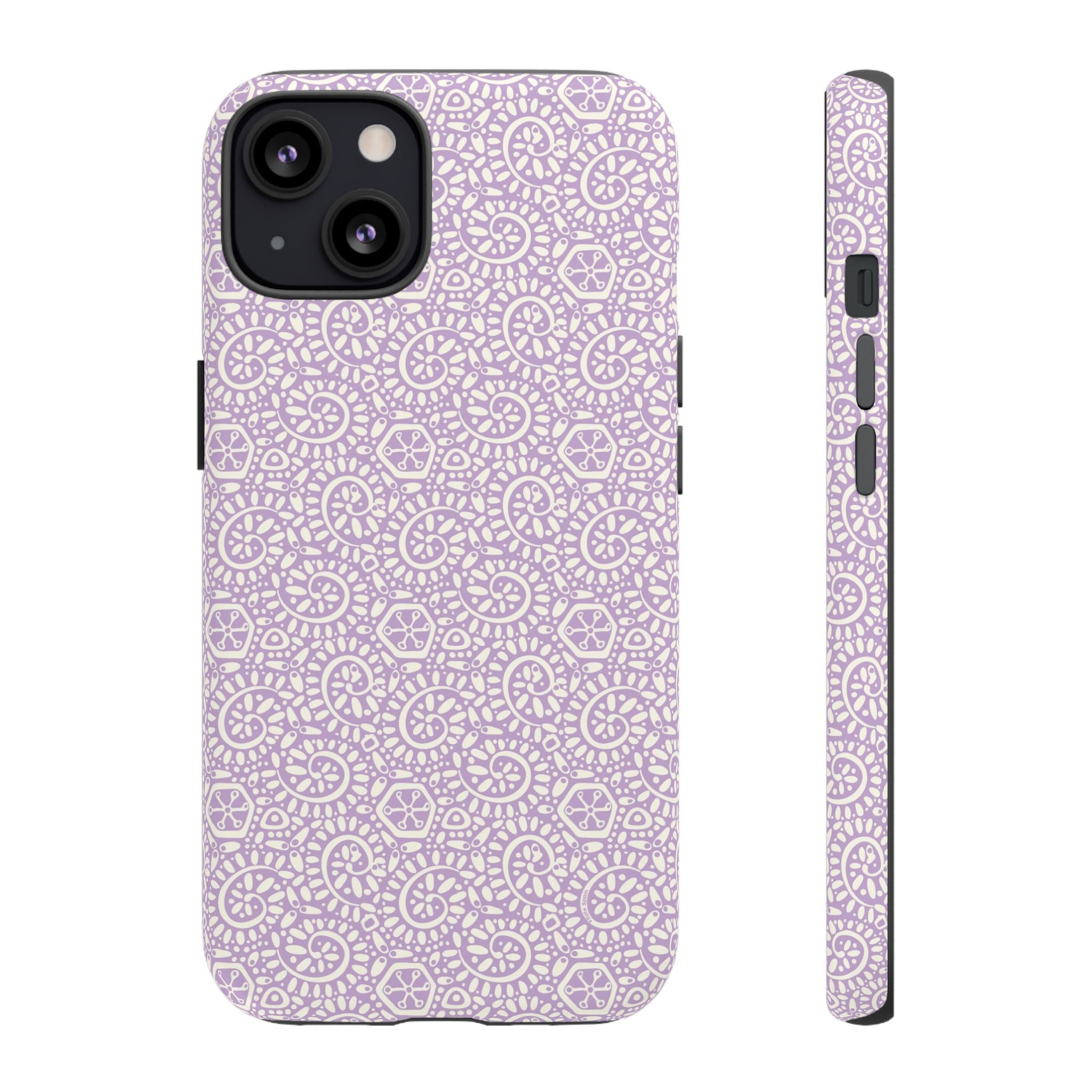 Canto Swirls Lavender iPhone 13 Matte Case — lavender hard case covered in an intricate folk-art medallion pattern of radiating circular motifs, dot clusters, and geometric centers