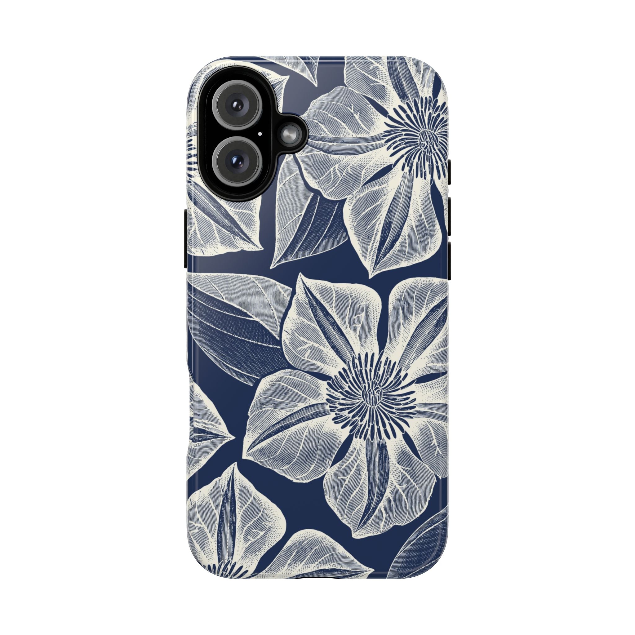 Vintage Bloom Navy iPhone 16 Plus case – Glossy | navy ground, large-scale cream clematis print, engraved petal detail, dual-layer protection