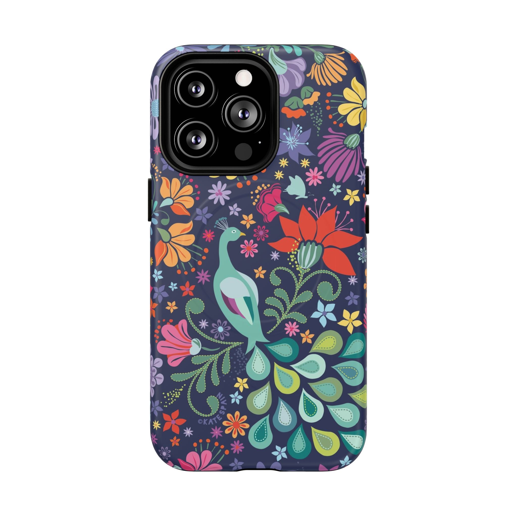 Peacock Sanctuary MagSafe iPhone 13 Pro Case – Matte | navy, teal, coral multicolor vibrant peacock feather botanical print