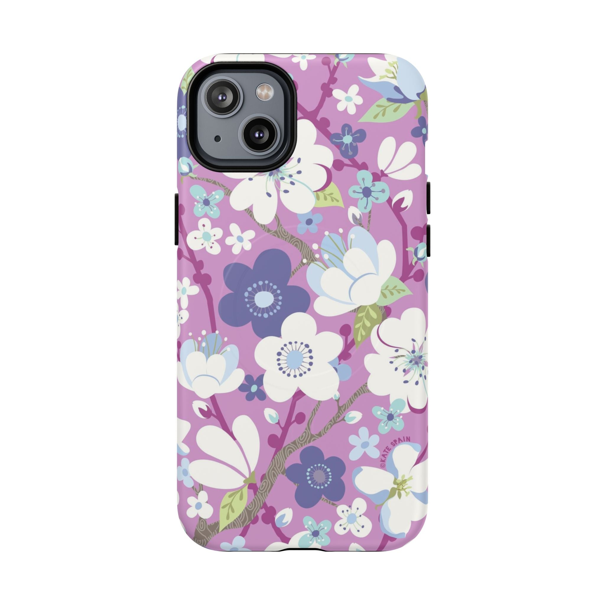 Purple Cherry Blossom MagSafe iPhone 14 Plus Case – Matte | mauve, purple, blue, white cherry blossom print