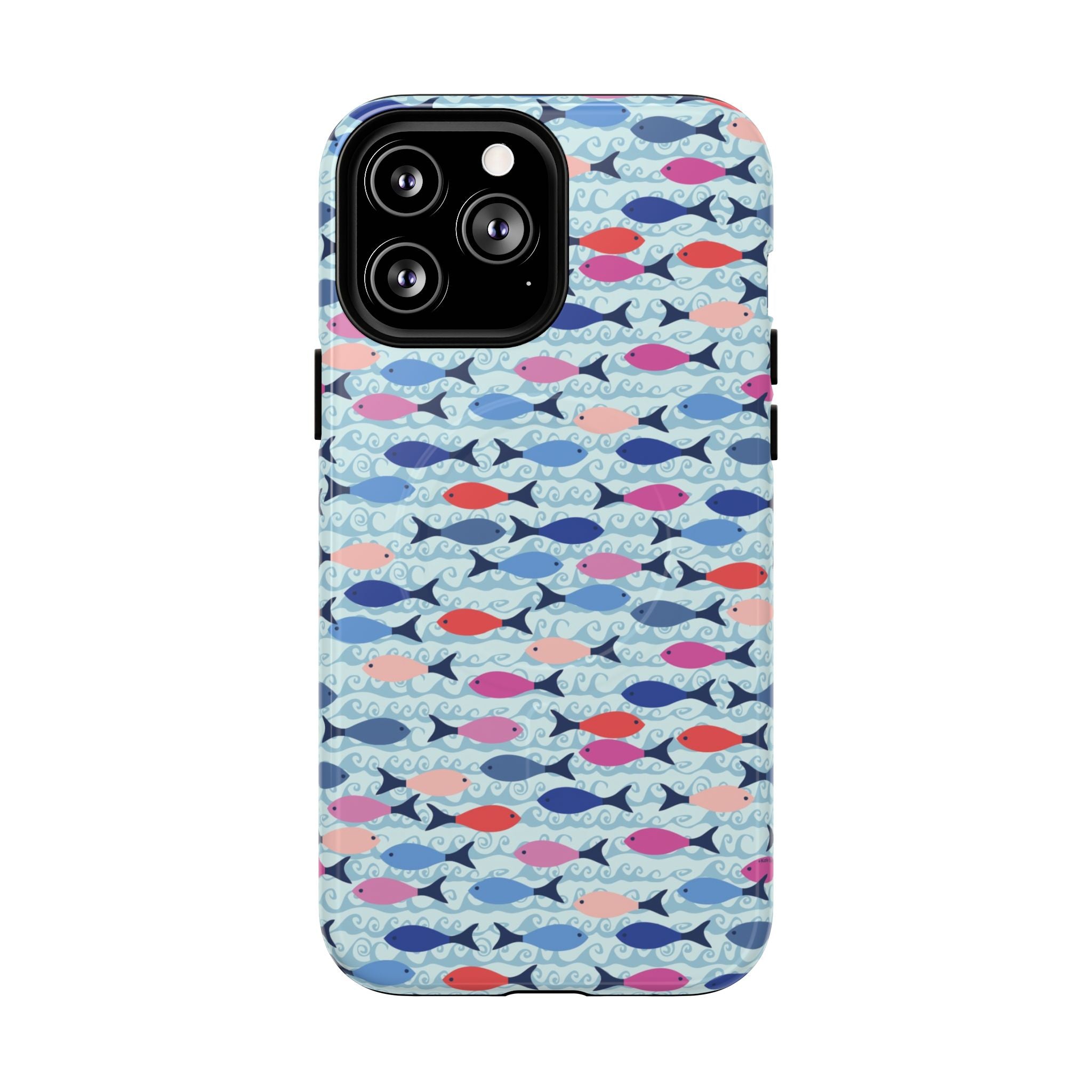 Summer Minnows MagSafe iPhone 13 Pro Max Case – Glossy | navy, coral, pink, and periwinkle fish on a pale aqua ground