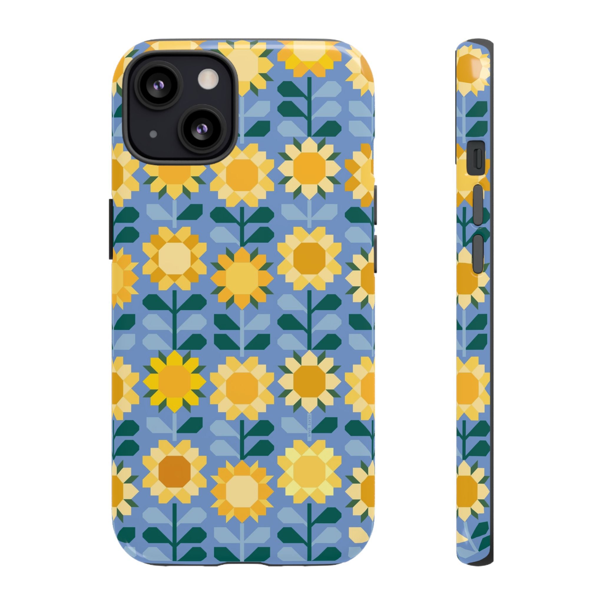 Sunflowers Tough iPhone 13 Case – Matte | blue, yellow, gold geometric sunflower print