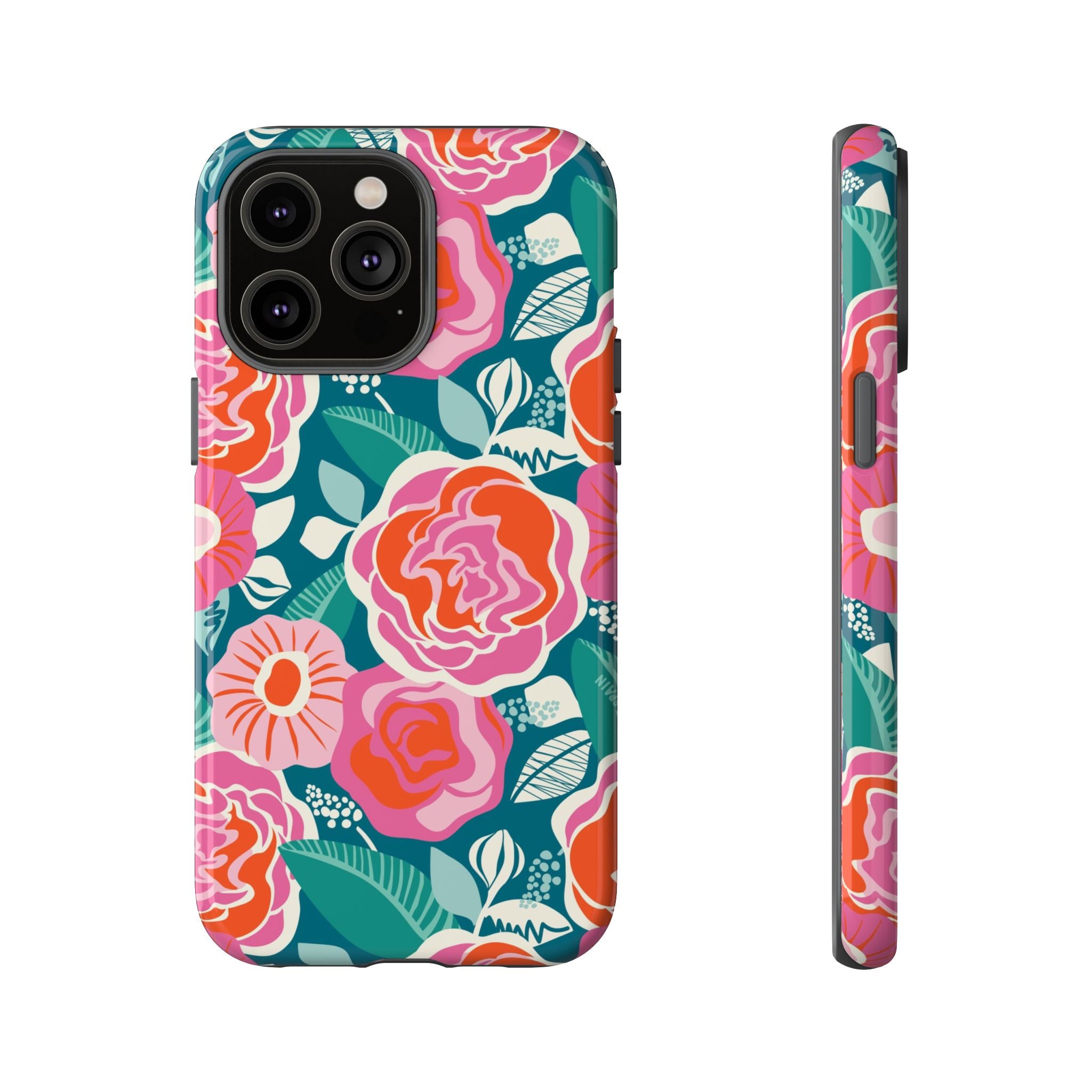 Tea Rose Teal Tough iPhone 14 Pro Max Case – Glossy | teal, coral, pink botanical rose floral print