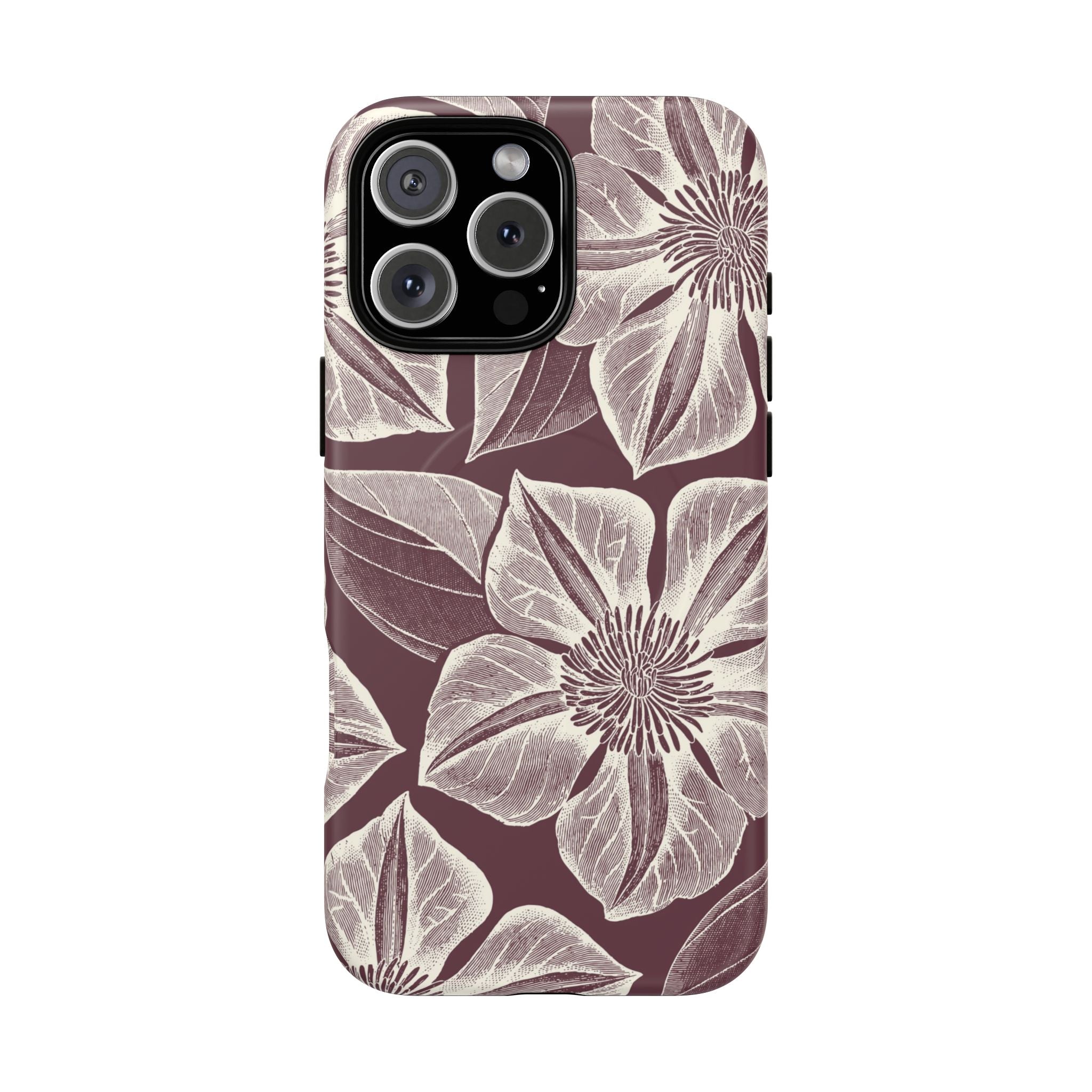Vintage Bloom Burgundy MagSafe iPhone 16 Pro Max Case – Glossy | burgundy ground, large-scale cream clematis print, engraved petal detail, dual-layer protection