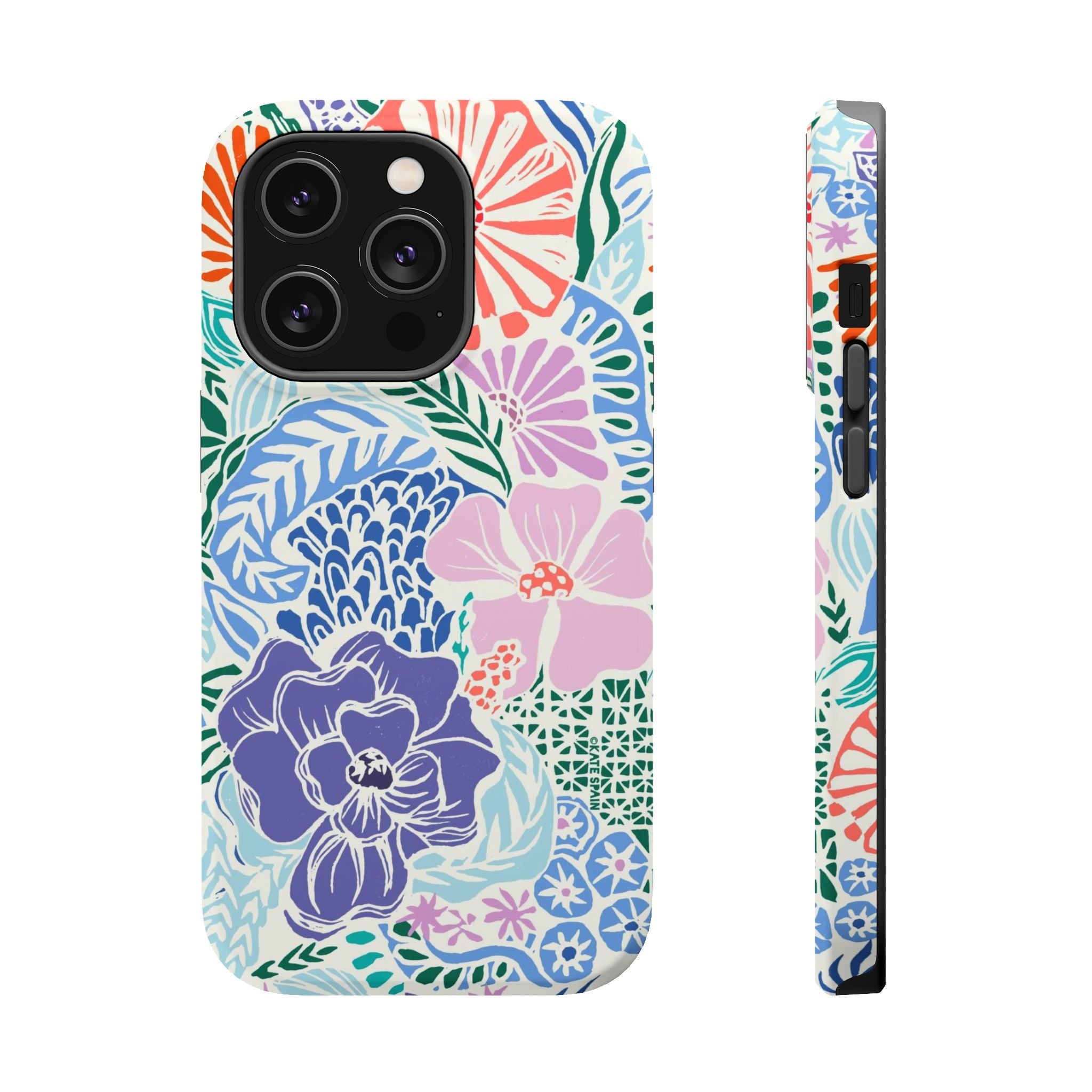 Tropica MagSafe iPhone 14 Pro Case – Matte | purple, coral, pink, blue botanical tropical floral print MagSafe compatible, dual-layer protection
