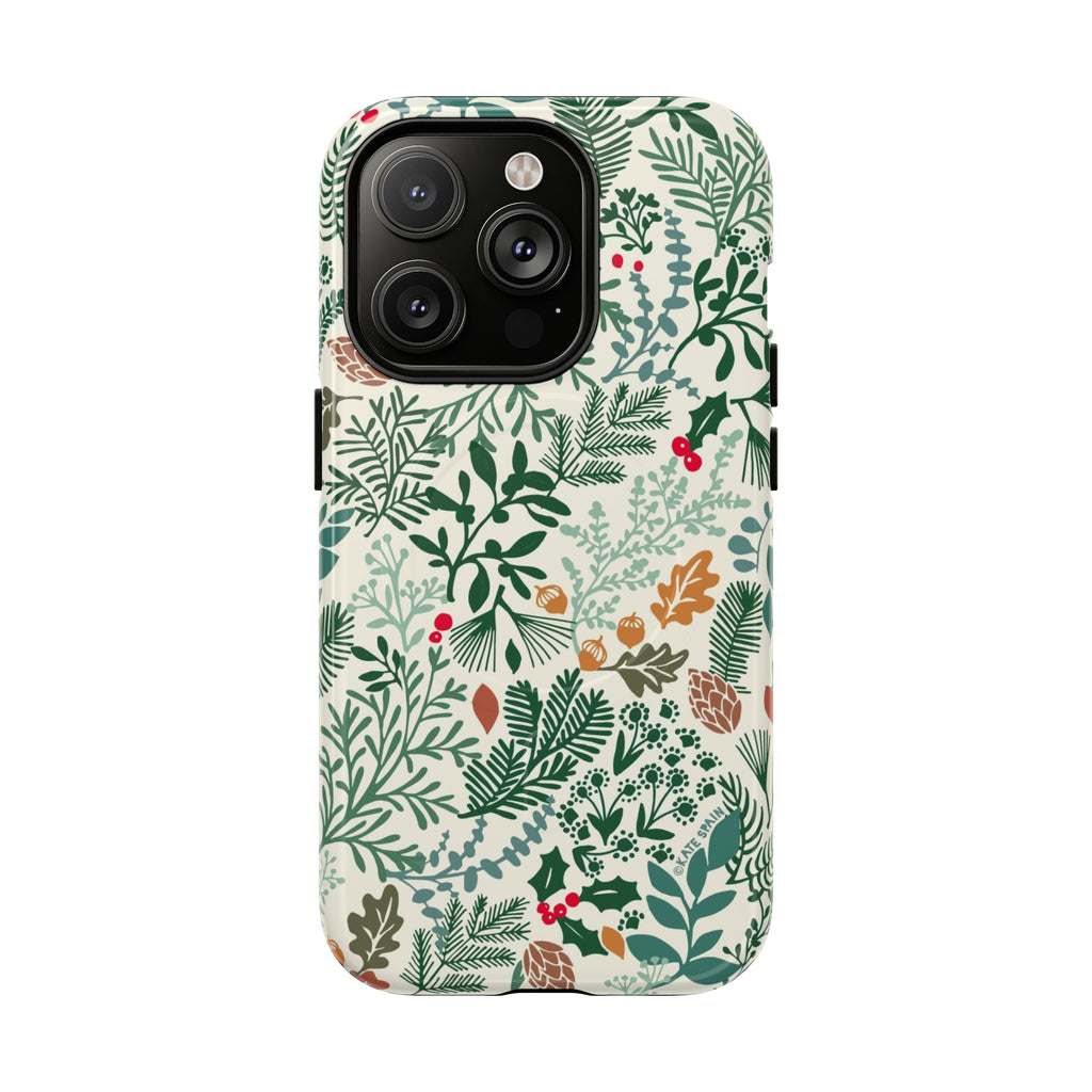 Juniper MagSafe iPhone 14 Pro Case – Glossy | cream, forest green, sage, and rust winter botanical print with pine, holly, acorns, and pinecones