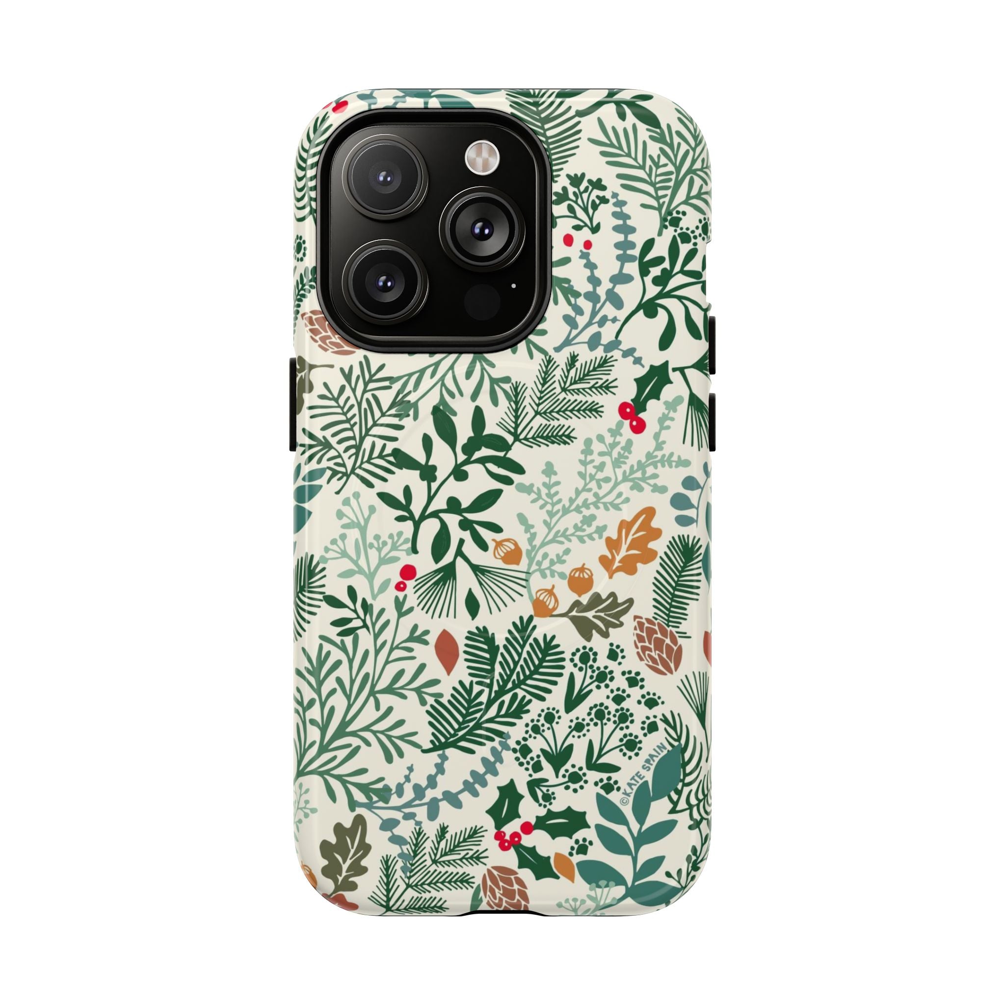 Juniper MagSafe iPhone 14 Pro Case – Glossy | cream, forest green, sage, and rust winter botanical print with pine, holly, acorns, and pinecones