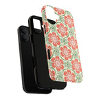 Barcelona Flowers MagSafe iPhone 17 Case – Dual-layered view of case and inner lining in front of phone, with view of camera cutout and buttons | cream, coral, sage botanical floral print