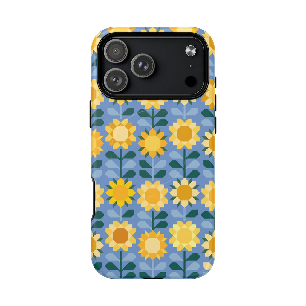 Sunflowers MagSafe iPhone 17 Pro Max Case – Matte | blue, yellow, gold geometric sunflower print