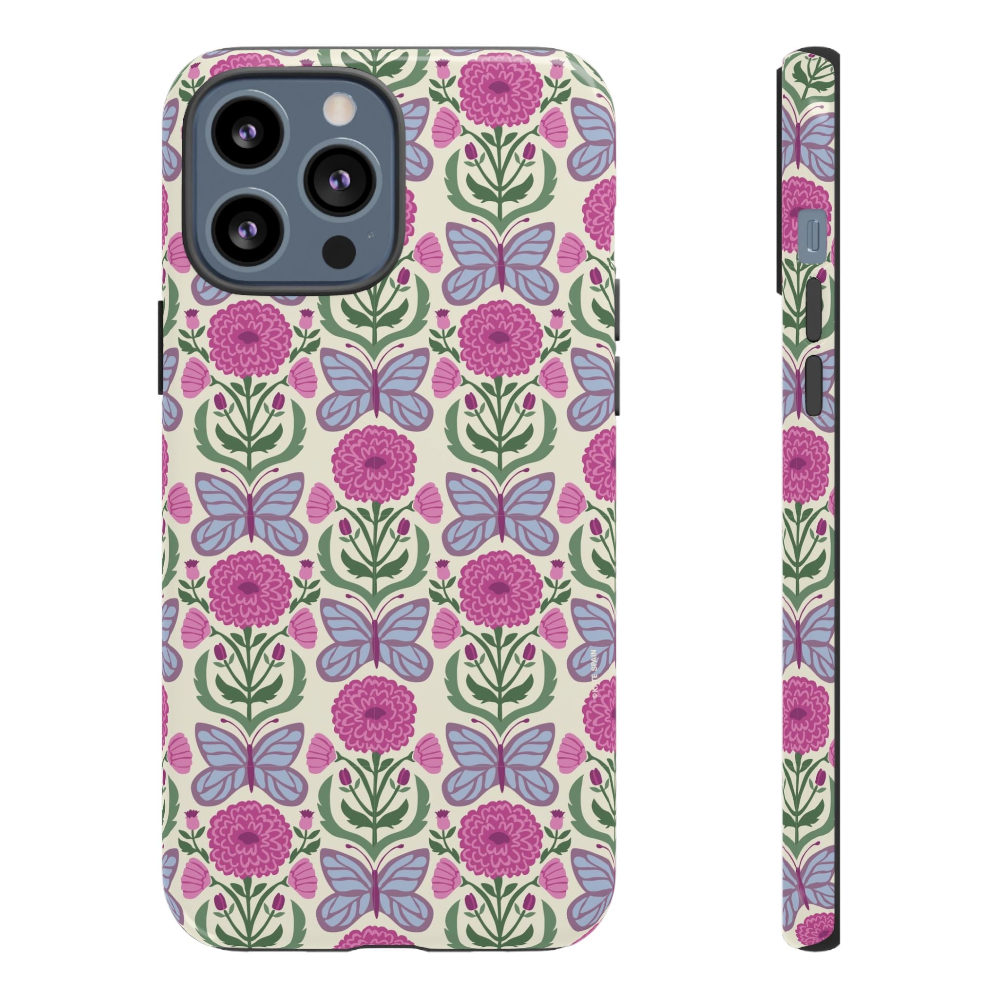 Butterfly Tough iPhone 13 Pro Max Case – Glossy | cream, magenta, periwinkle butterfly floral print