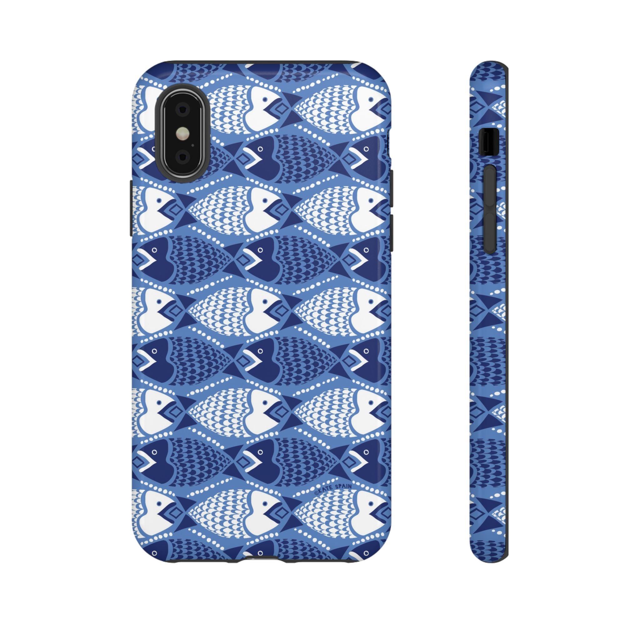 Catch of the Day Tough iPhone X Case – Glossy | navy, blue, white geometric fish print