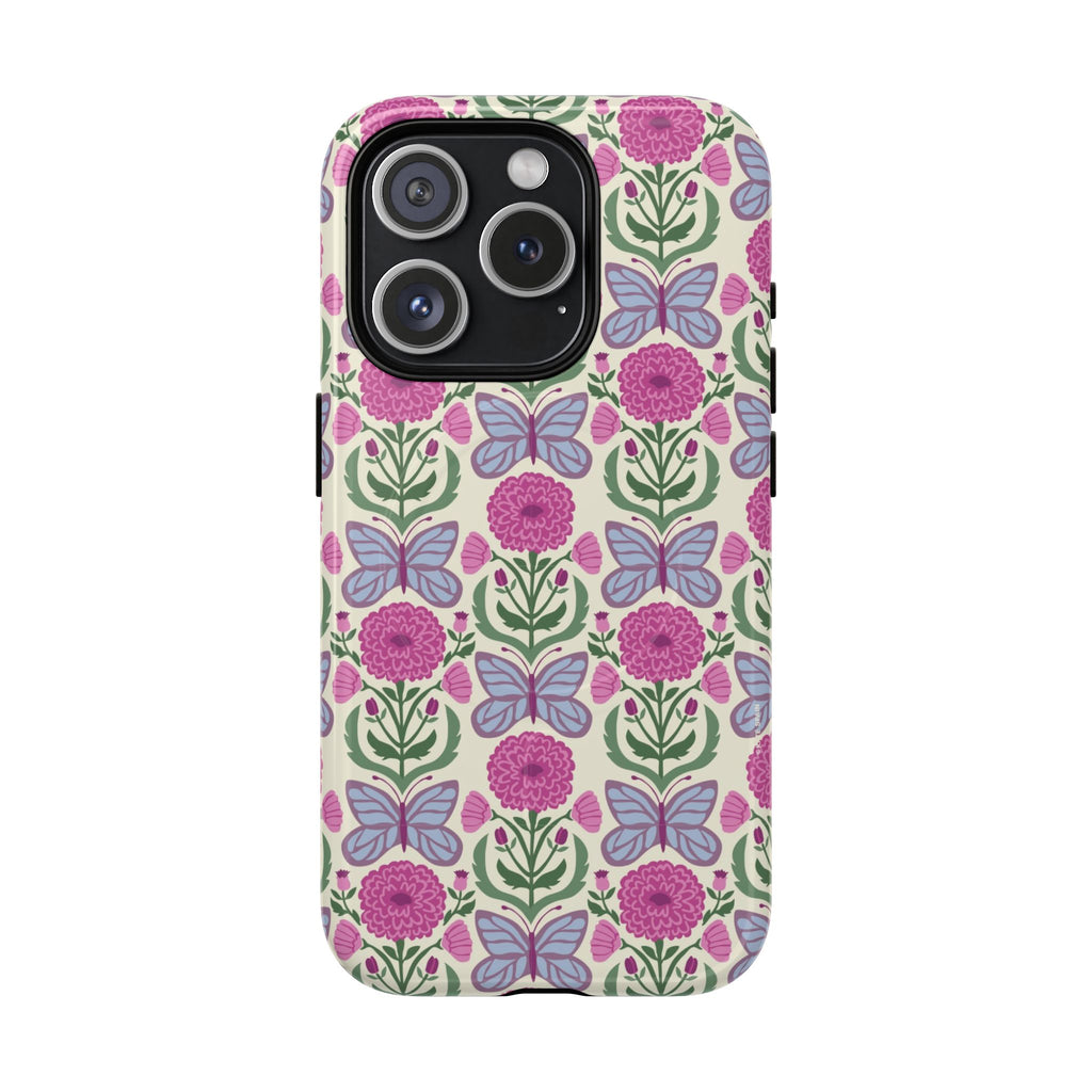 Butterfly MagSafe iPhone 15 Pro Case – Glossy | cream, magenta, periwinkle butterfly floral print