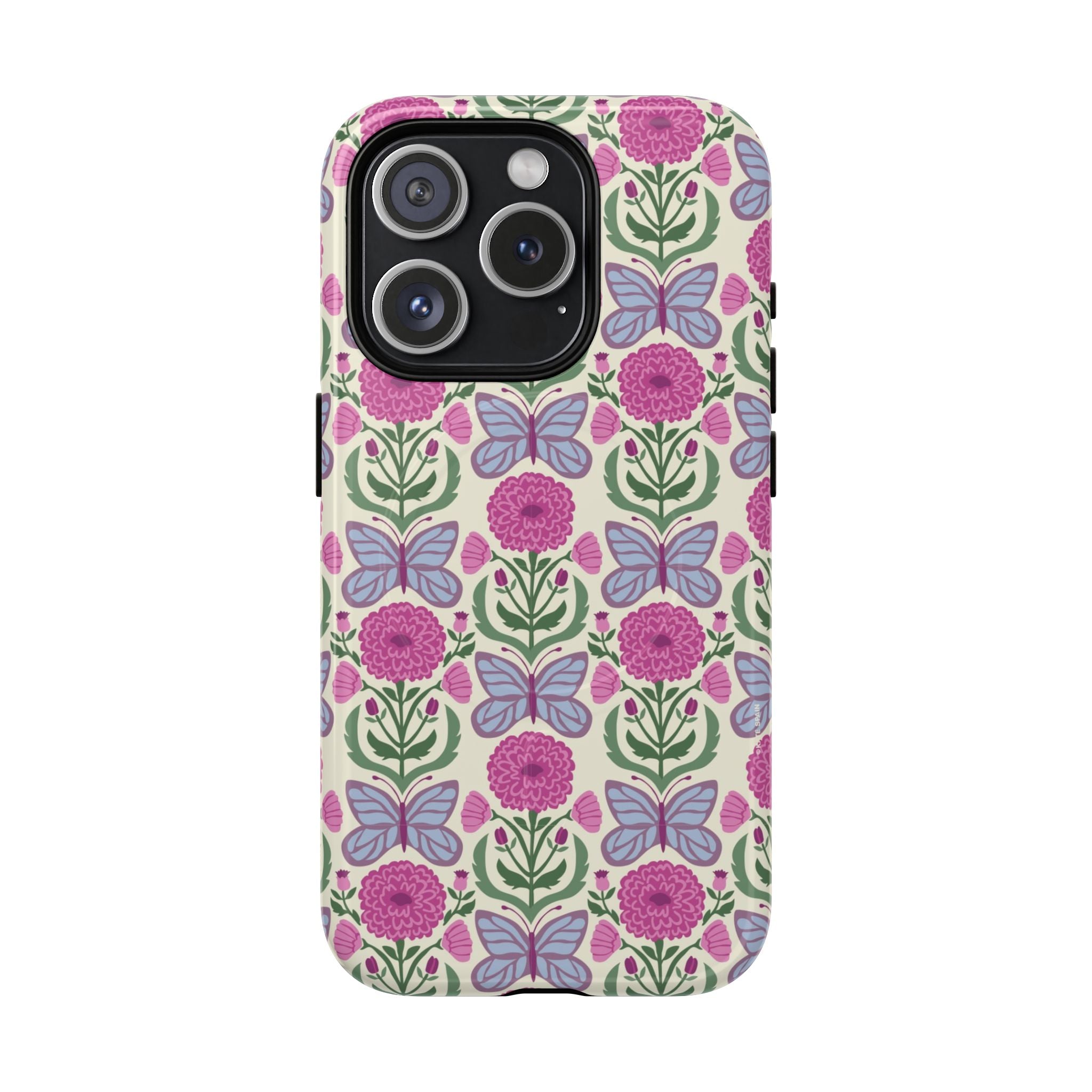 Butterfly MagSafe iPhone 15 Pro Case – Glossy | cream, magenta, periwinkle butterfly floral print