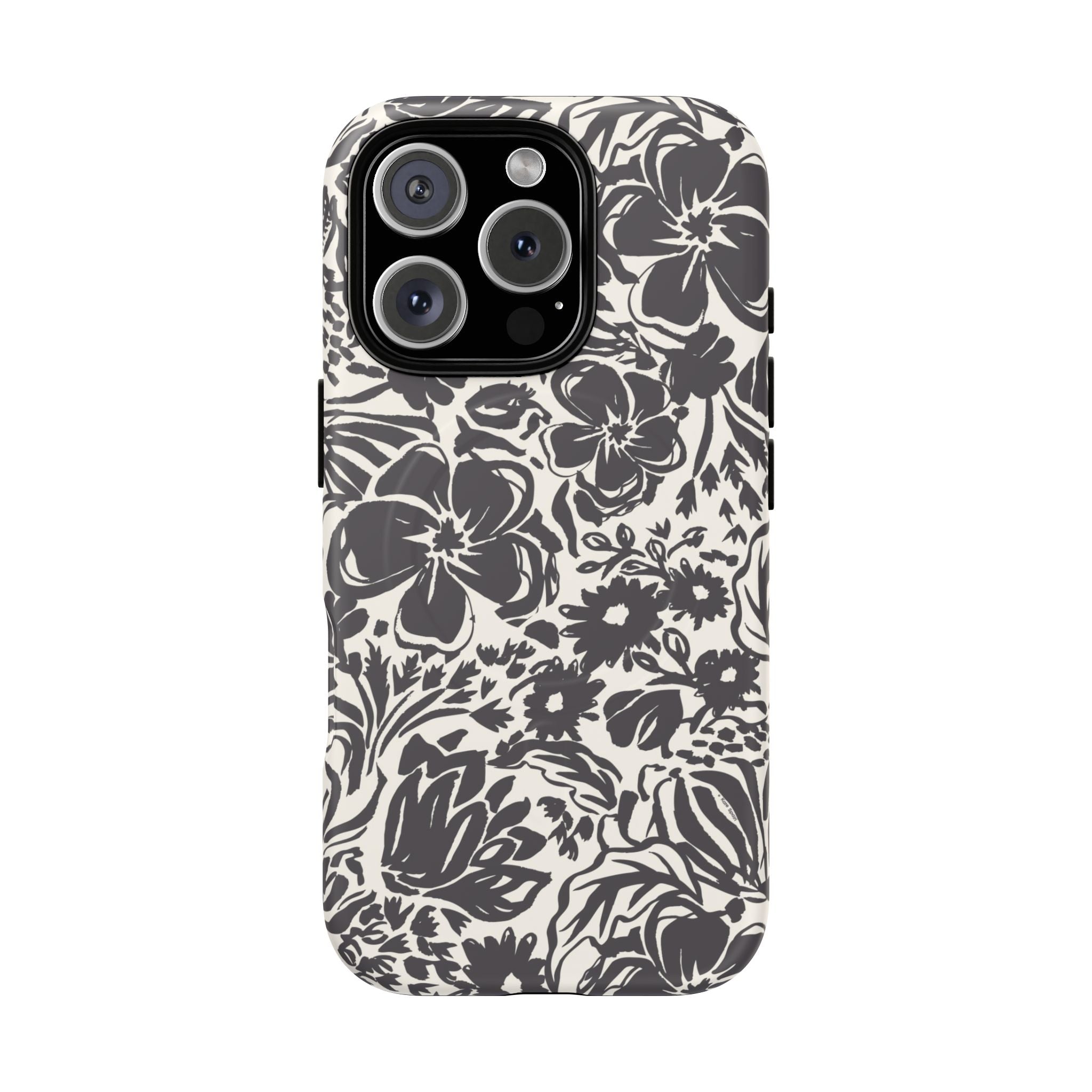 Rhapsody Black MagSafe iPhone 16 Matte case — bold charcoal floral print on cream by Kate Spain