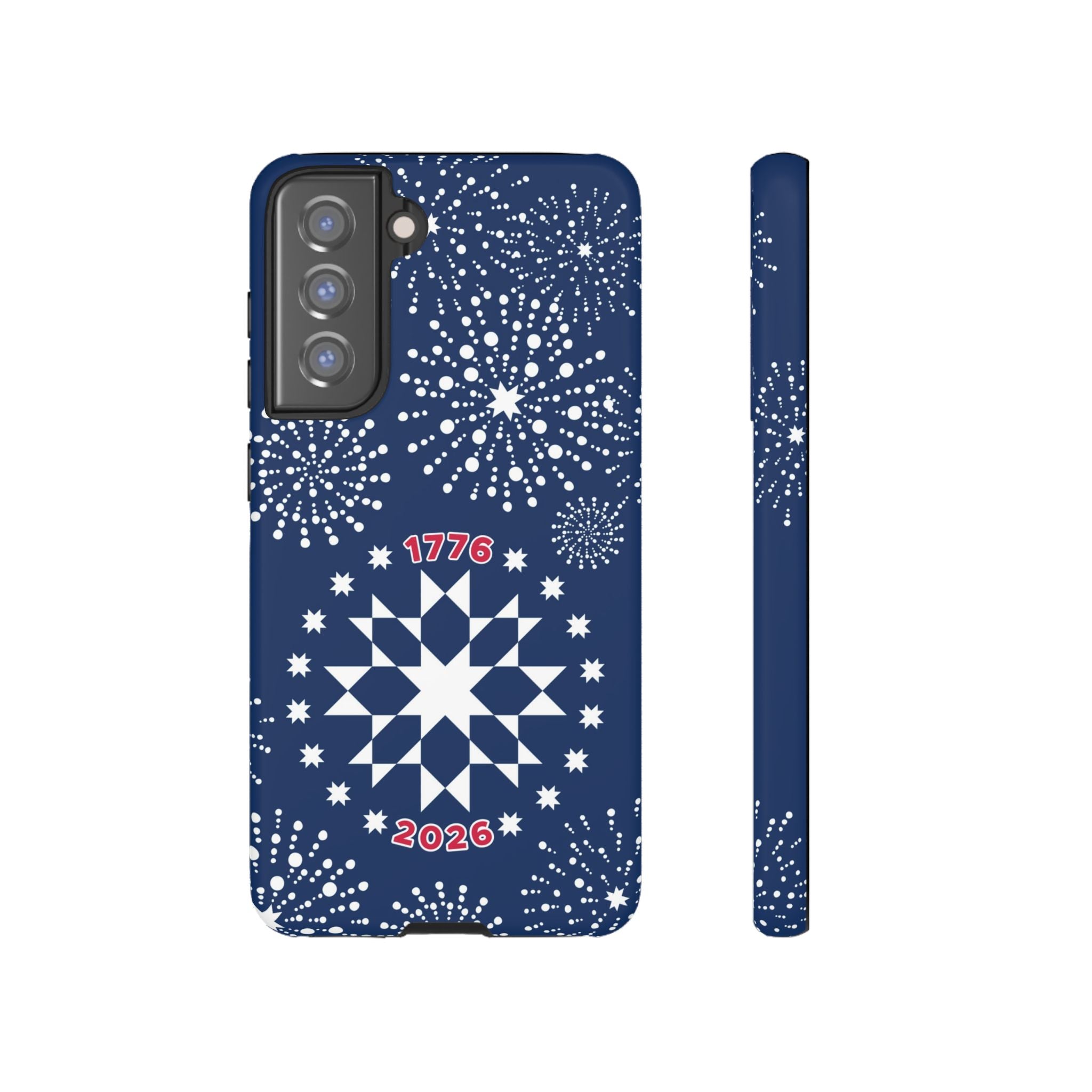 250th Fireworks Samsung Galaxy S21 FE Case – Matte | navy, white patriotic star quilt fireworks print