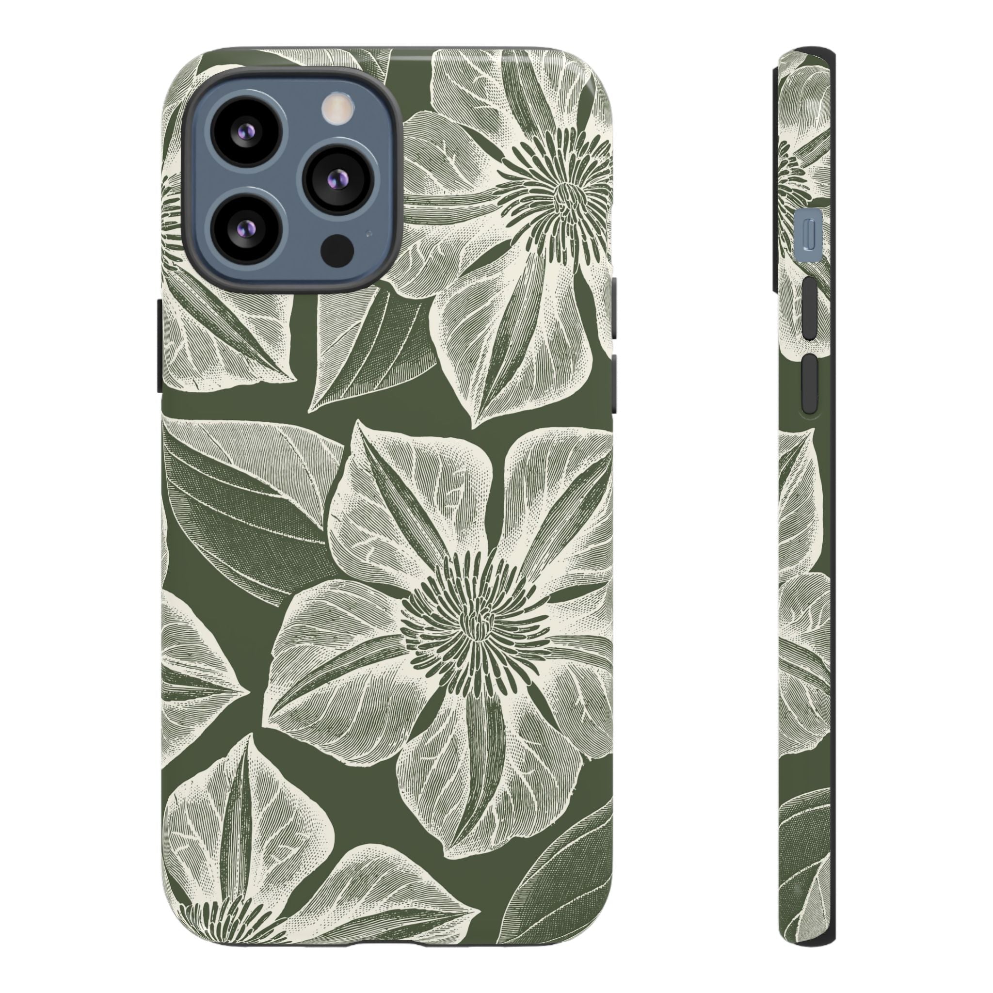 Vintage Bloom Cypress iPhone 13 Pro Max case – Glossy | cypress green ground, large-scale white clematis print, engraved petal detail, dual-layer protection