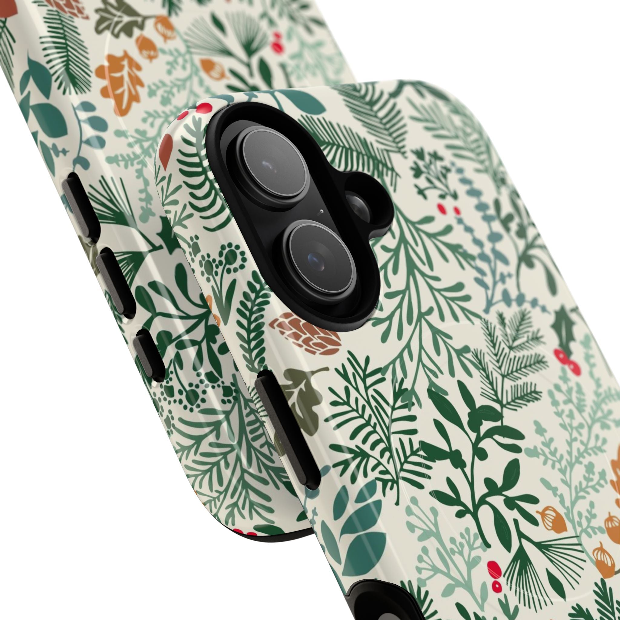 Juniper MagSafe iPhone 17 Case – Glossy | angled view closeup of camera cutout and buttons | cream, forest green, sage, and rust winter botanical print with pine, holly, acorns, and pinecones