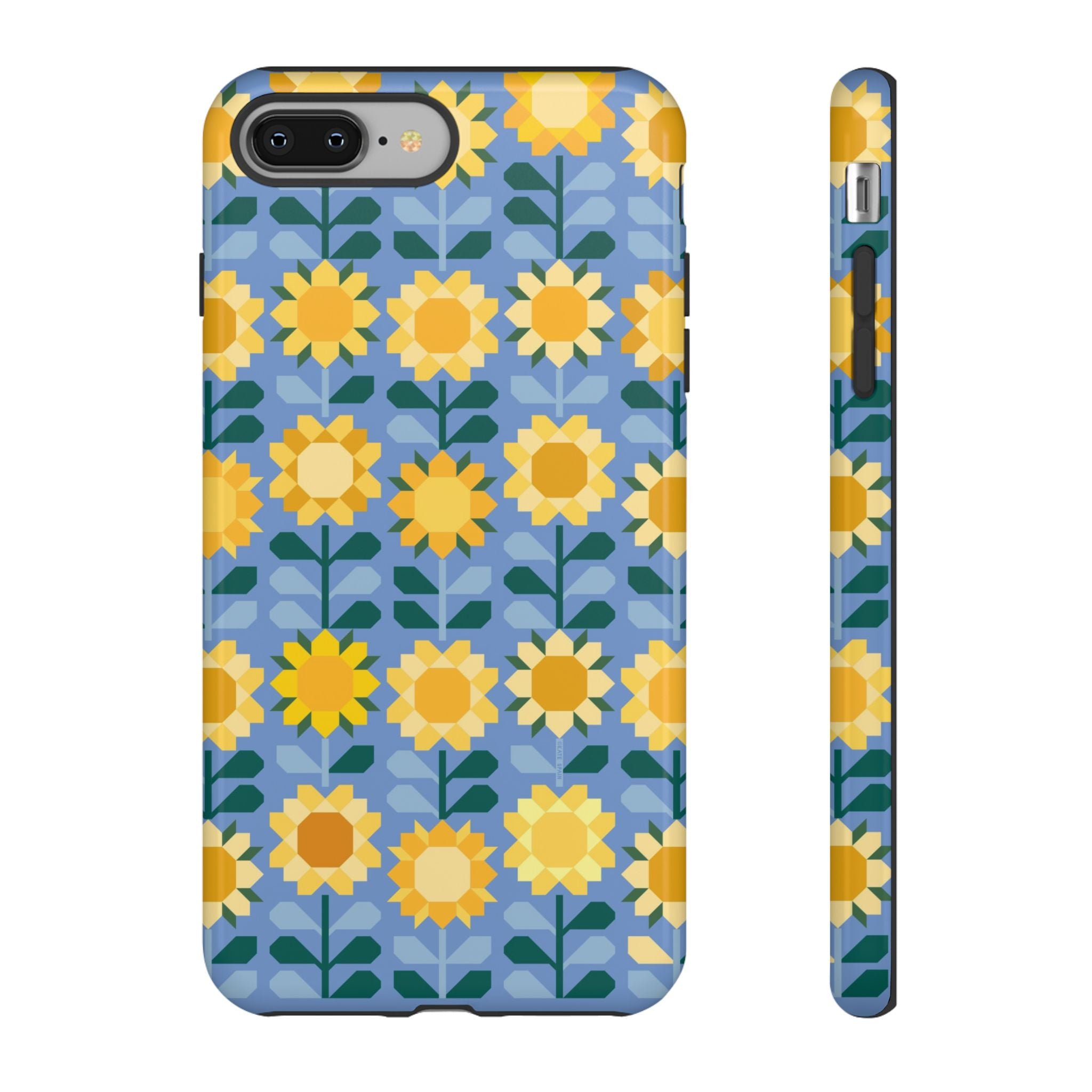 Sunflowers Tough iPhone 8 Plus Case – Glossy | blue, yellow, gold geometric sunflower print