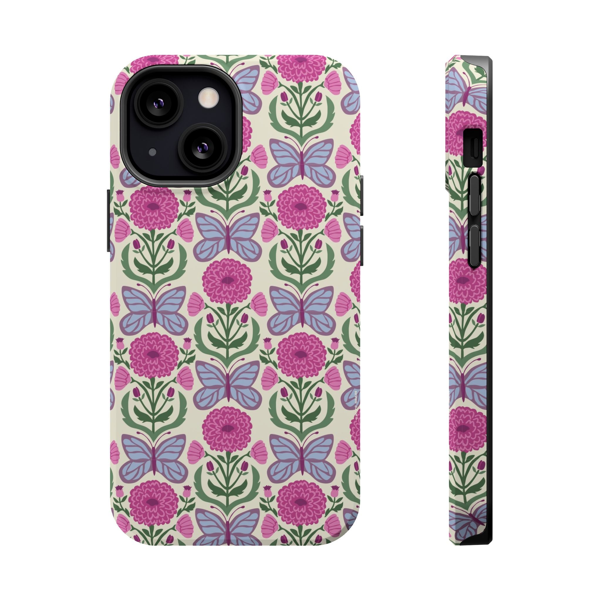 Butterfly MagSafe iPhone 13 mini Case – Matte | cream, magenta, periwinkle butterfly floral print