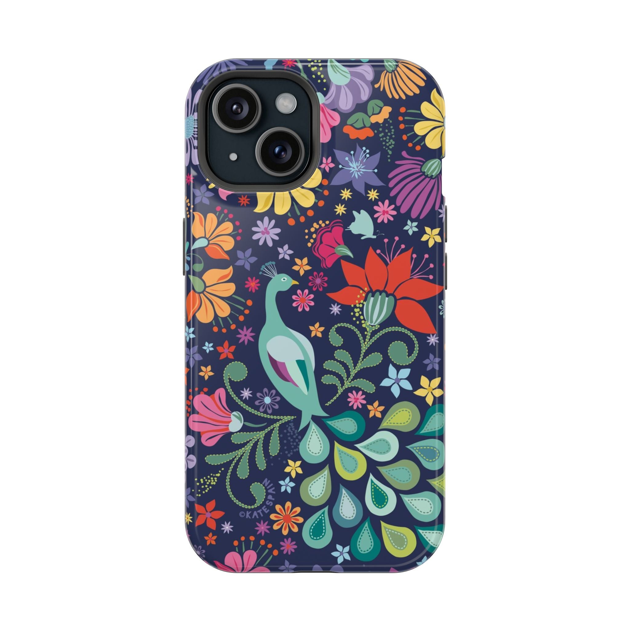Peacock Sanctuary MagSafe iPhone 15 Case – Glossy | navy, teal, ivory peacock botanical print MagSafe compatible, dual-layer protection