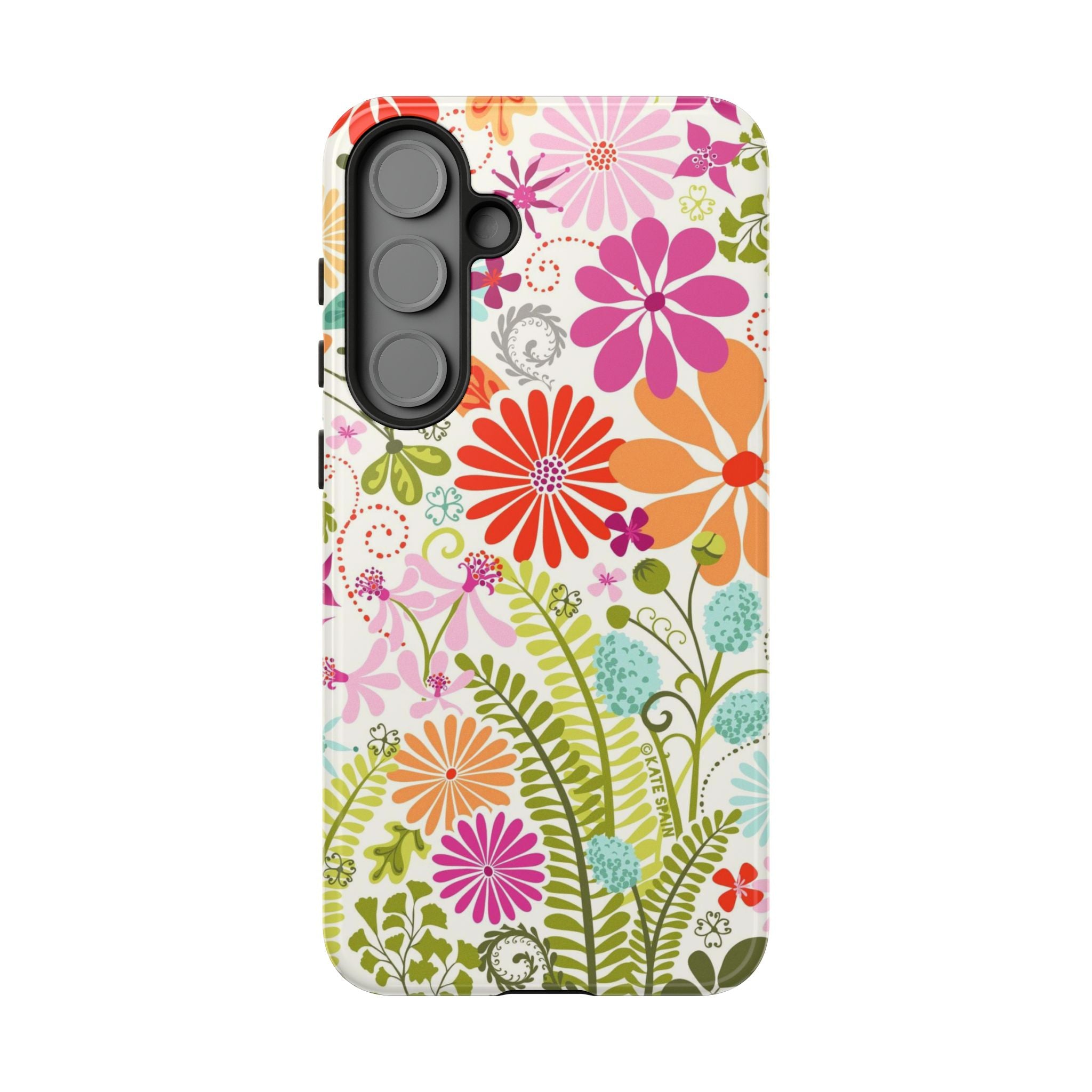 Luxury Terrain Samsung Galaxy S25 Plus Case – Glossy | white, magenta, coral botanical woodland floral print 