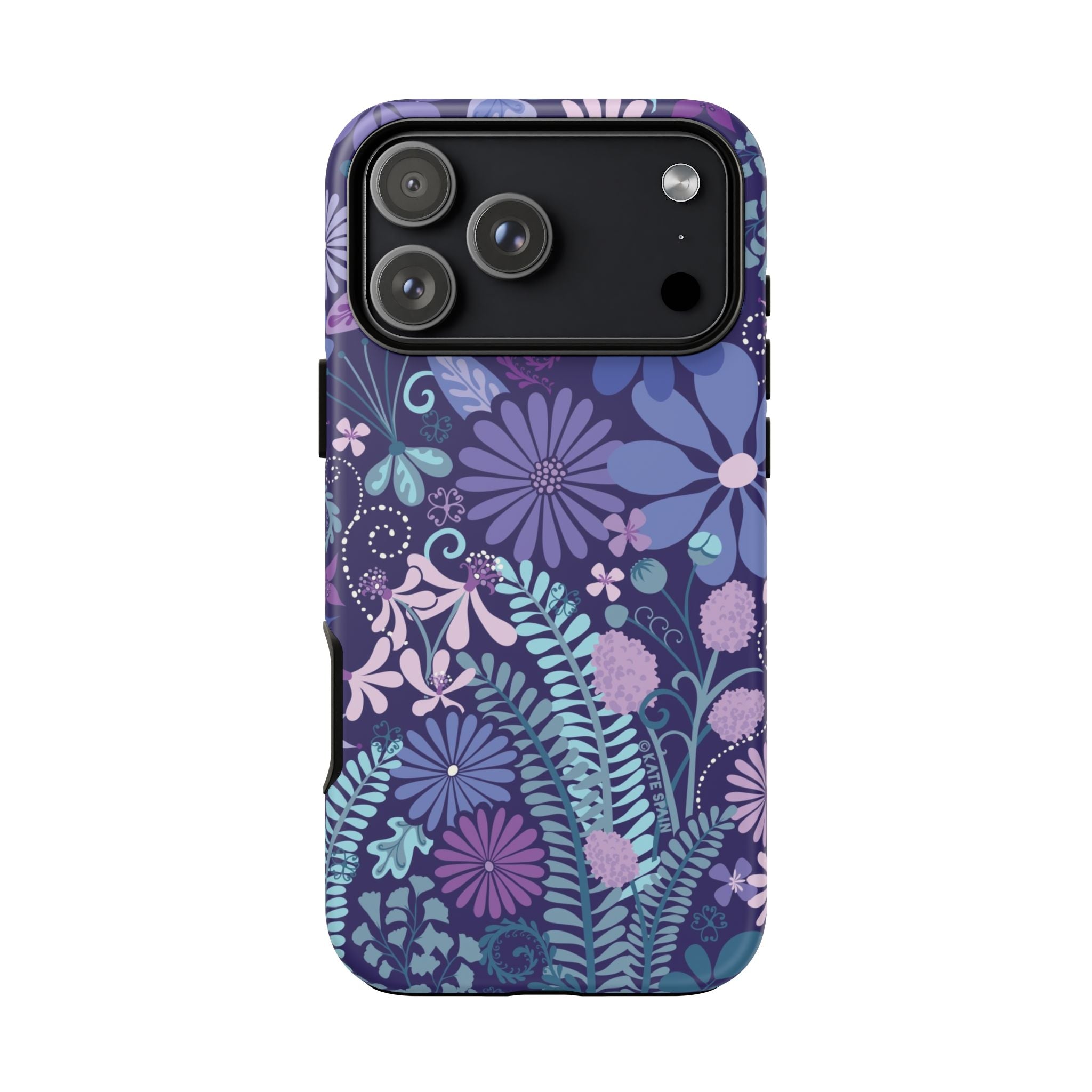 Luxury Terrain Tough iPhone 17 Pro Case – Matte | navy, purple, aqua botanical woodland floral print