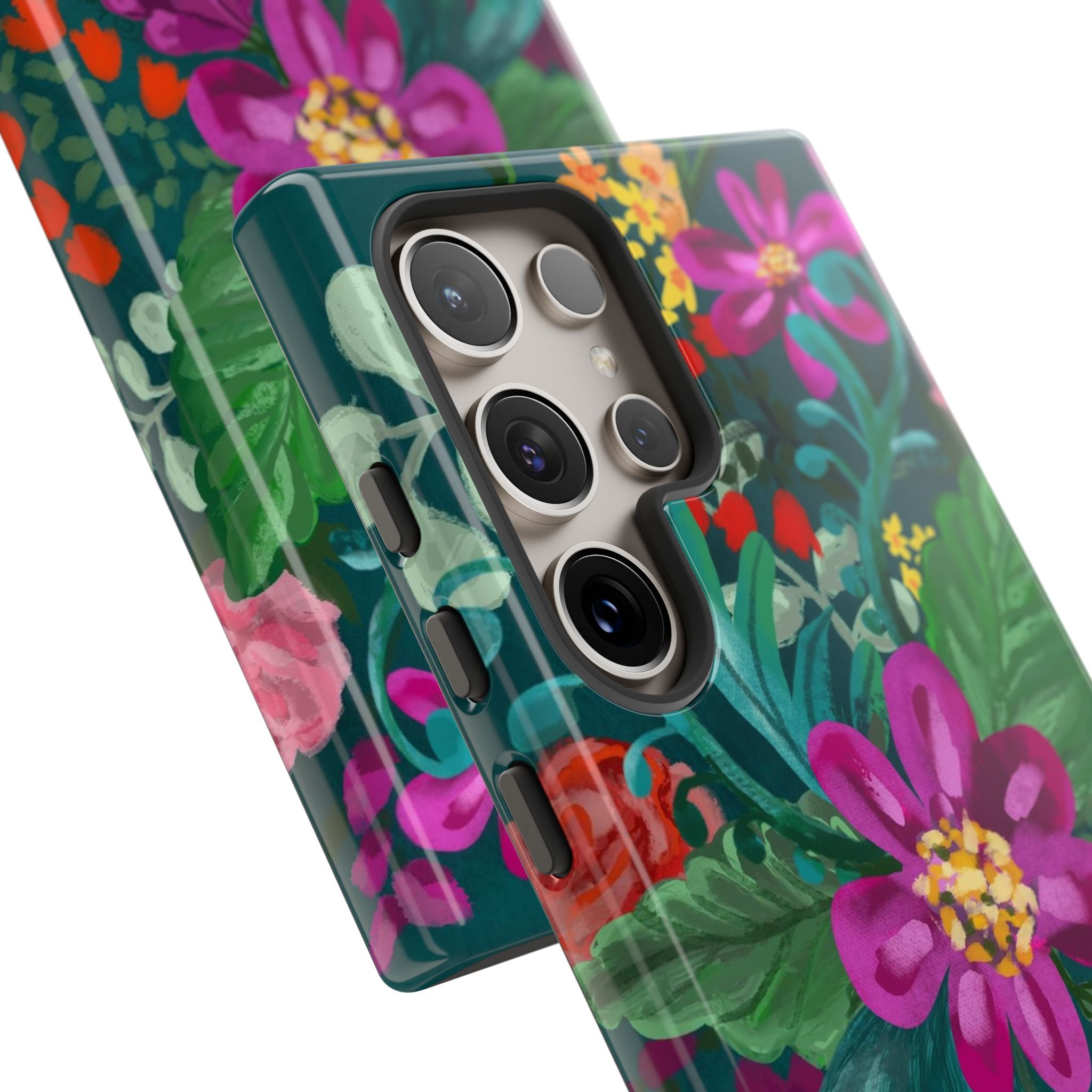 Tropical Posy Samsung Galaxy S24 Ultra Case – Glossy | 5 camera lenses of phone in protective case in teal, magenta, yellow, pink vibrant botanical floral print