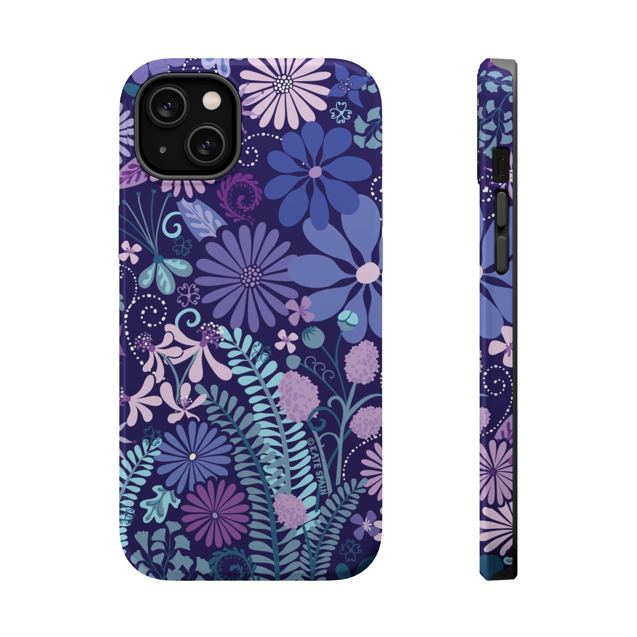 Luxury Terrain MagSafe iPhone 14 Plus Case – Glossy | navy, purple, aqua botanical woodland floral print