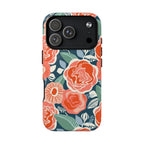 Luxury Tea Rose Navy MagSafe iPhone 17 Pro Case – Glossy | navy, coral, peach botanical rose floral print