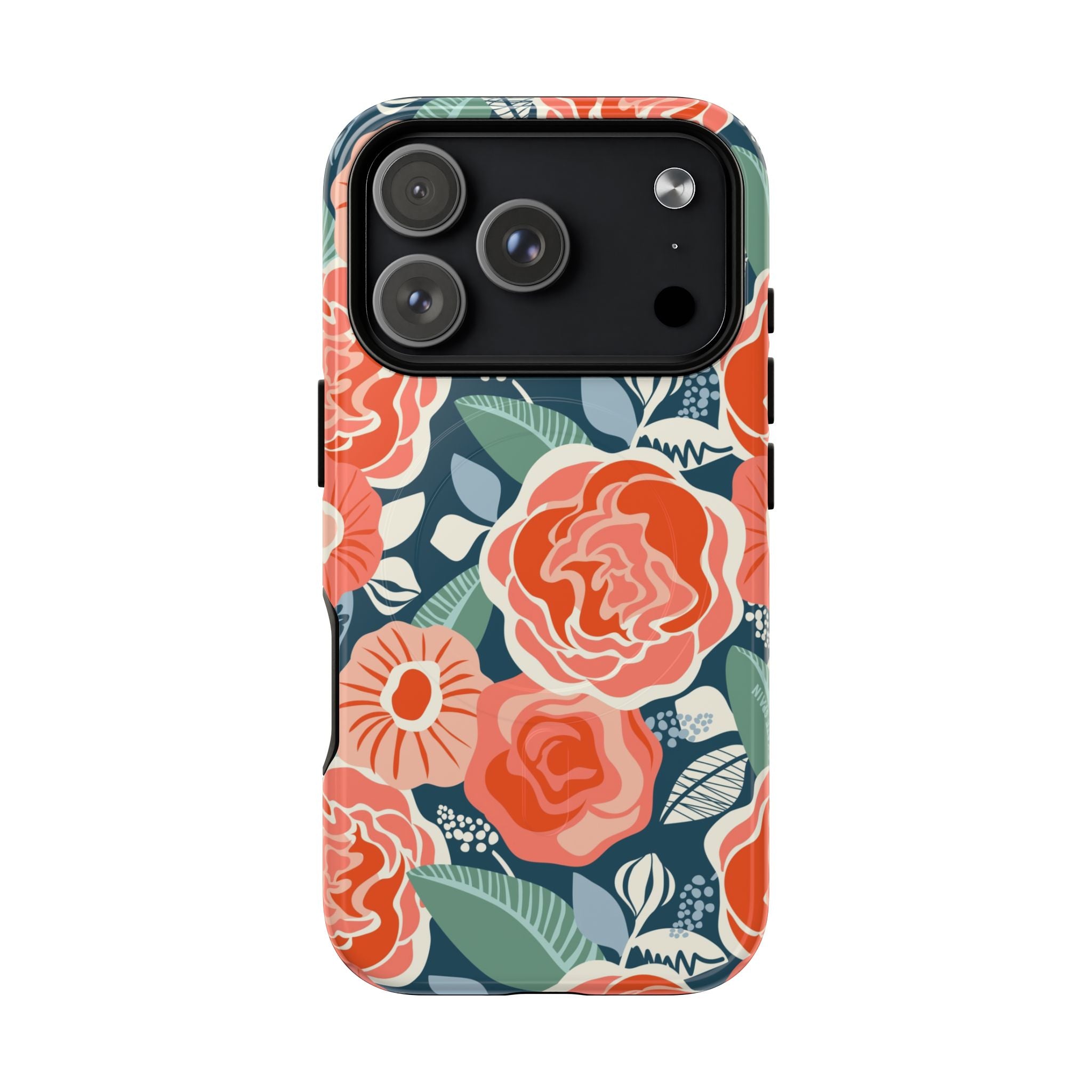 Luxury Tea Rose Navy MagSafe iPhone 17 Pro Case – Glossy | navy, coral, peach botanical rose floral print