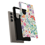 Luxury Peacock Sanctuary Samsung Galaxy S24 Ultra Case – Glossy | shock-absorbing layers of case shown in white, teal, coral multicolor vibrant peacock feather botanical print