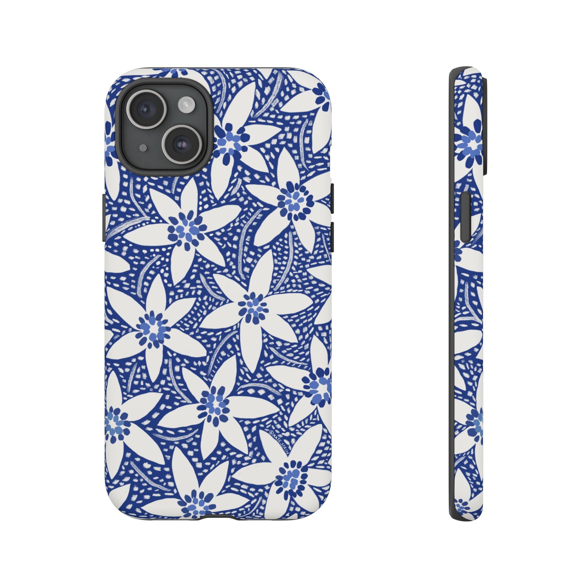 Starflower iPhone 15 Plus Case – Matte | navy, white geometric starflower print