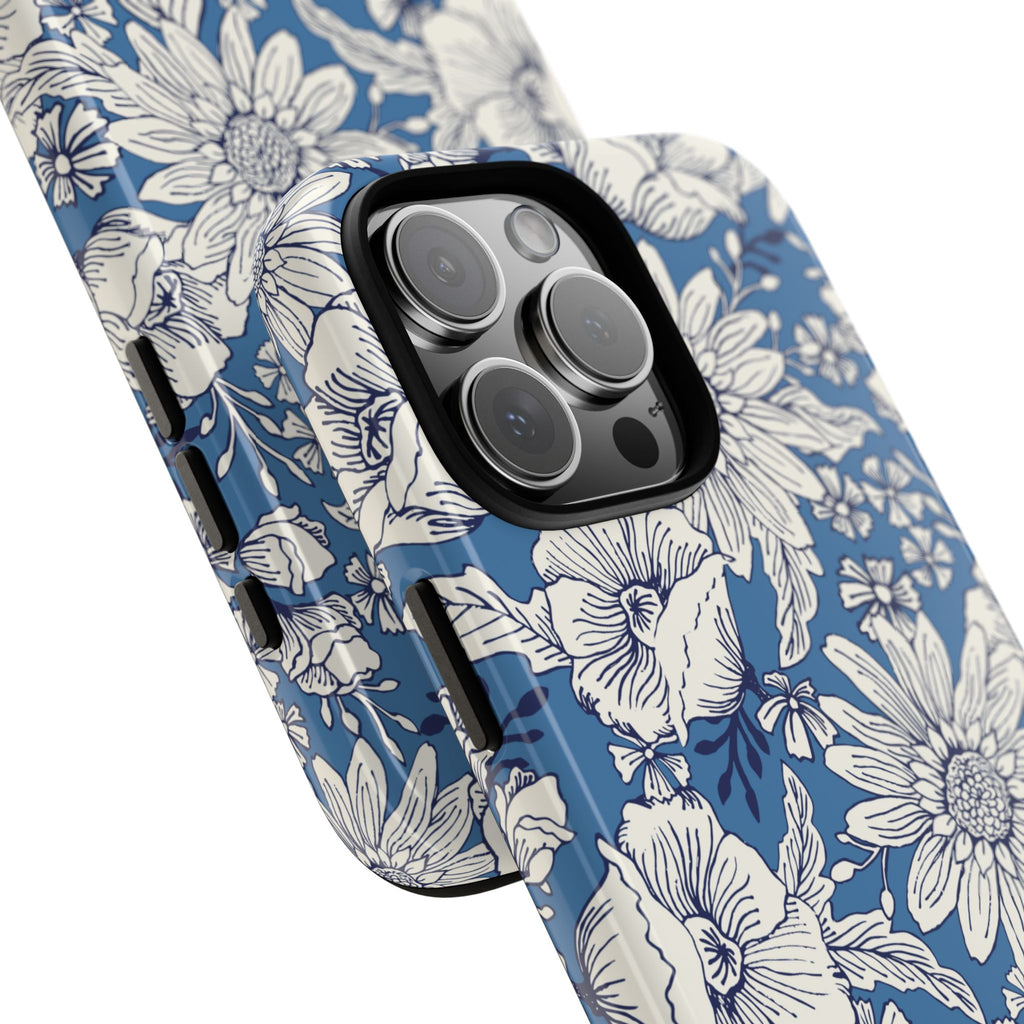 Jardin Tough iPhone 16 Pro Max Case – lifestyle angled view | blue and cream botanical garden print