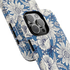 Jardin Tough iPhone 16 Pro Max Case – lifestyle angled view | blue and cream botanical garden print