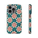 Modern Dahlia Tough iPhone 14 Pro Case – Matte  | teal, coral, cream geometric dahlia floral print