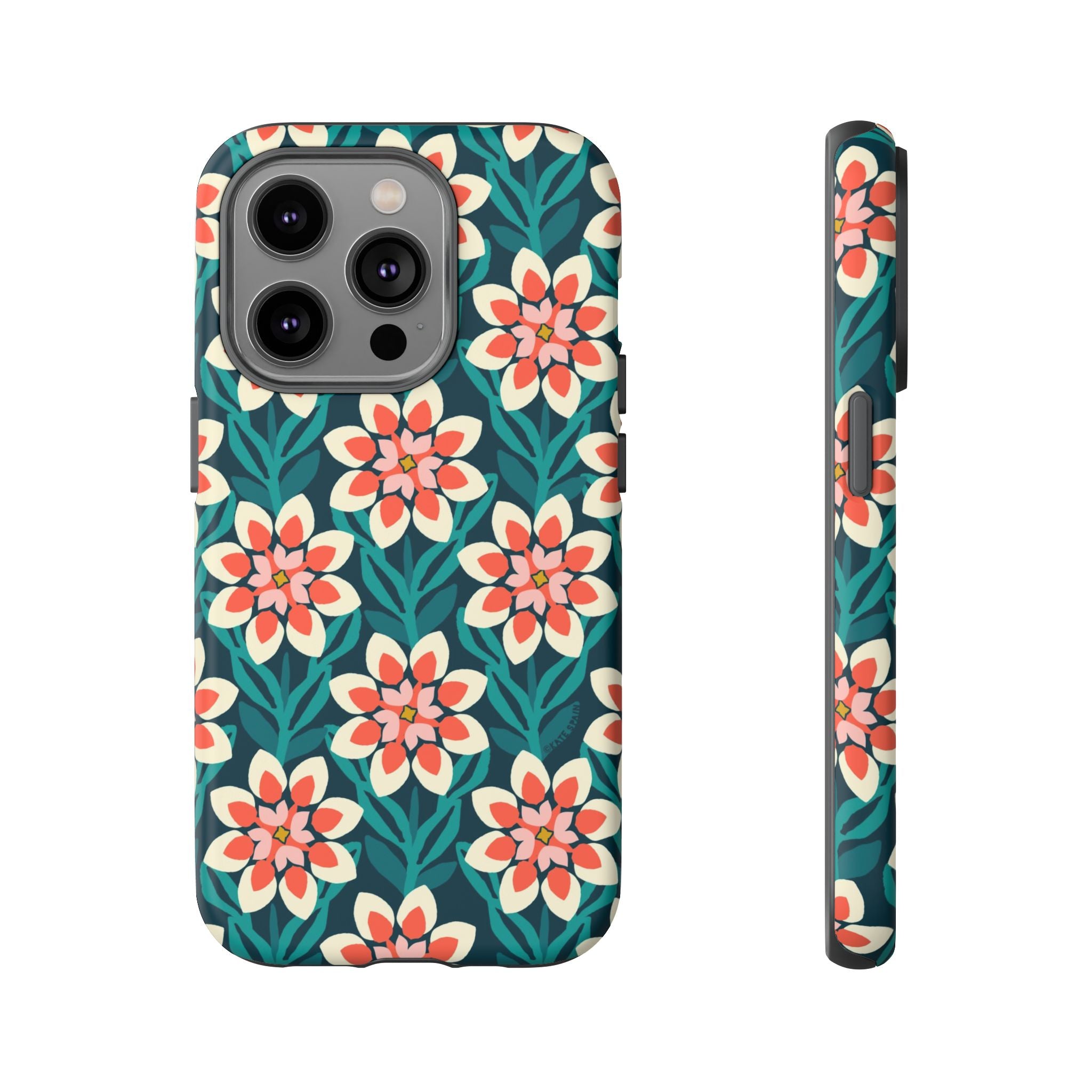 Modern Dahlia Tough iPhone 14 Pro Case – Matte  | teal, coral, cream geometric dahlia floral print