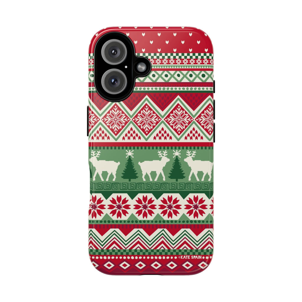 Telemark Tough iPhone 16 Case – Glossy | red, green, cream fair isle reindeer Nordic print