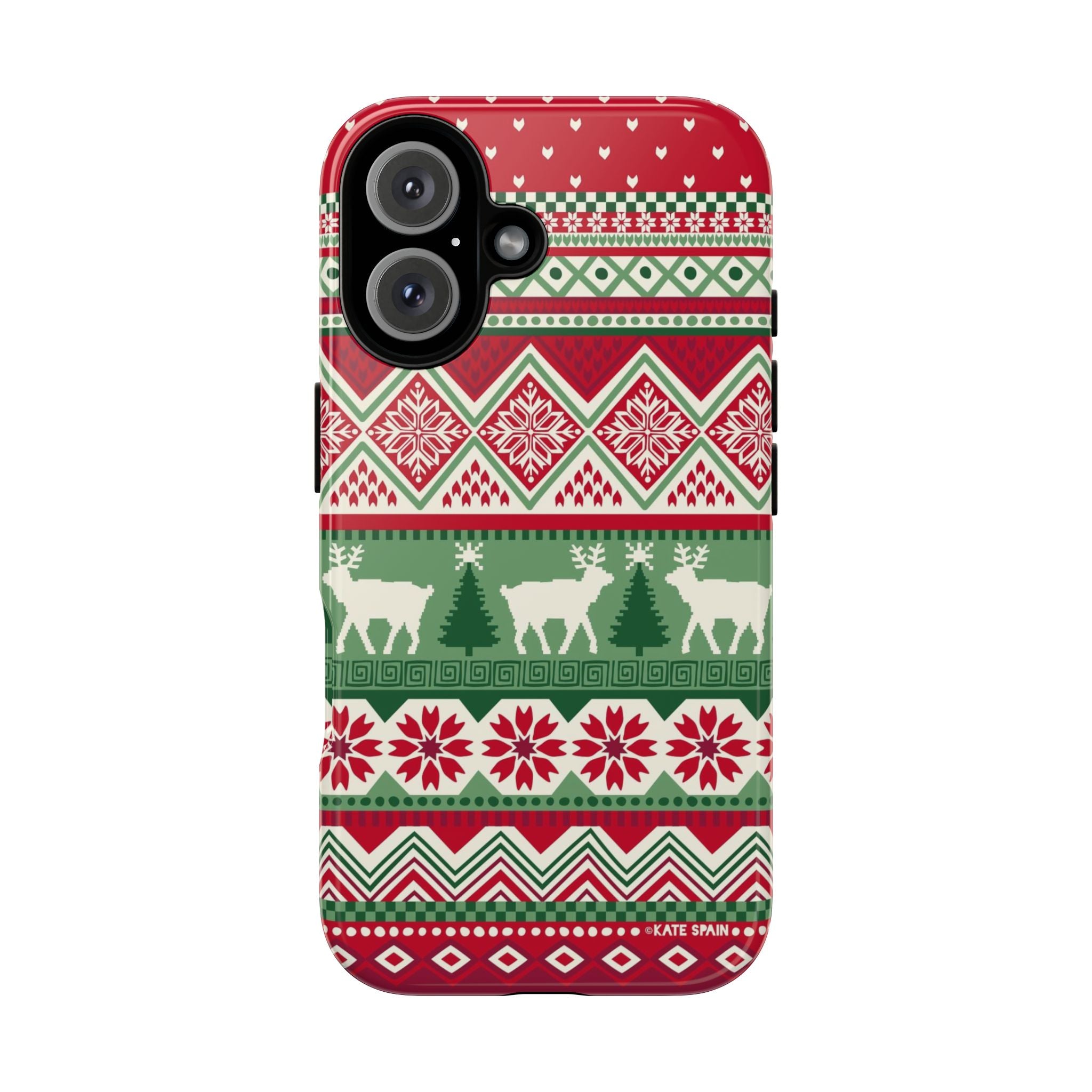 Telemark Tough iPhone 16 Case – Glossy | red, green, cream fair isle reindeer Nordic print