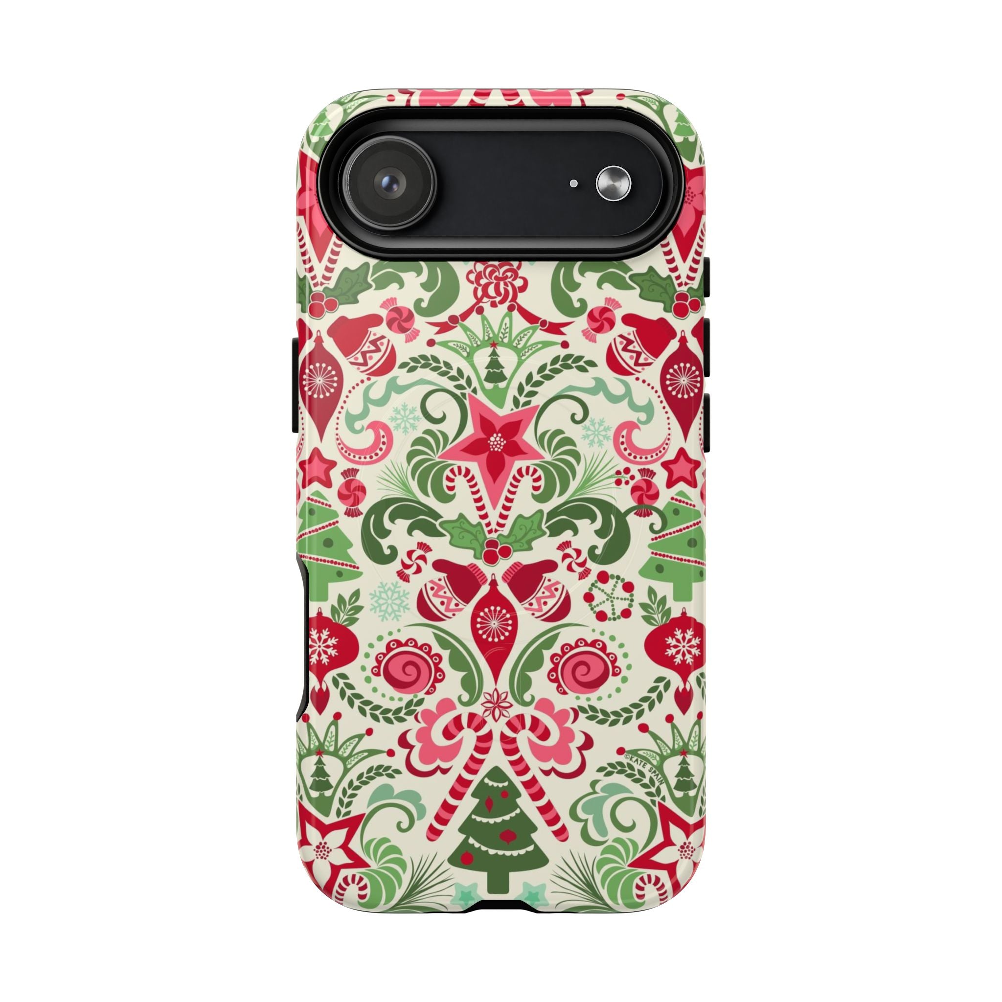 Wonderland MagSafe iPhone 17 Air Case – Glossy | cream, red, and green Christmas holiday medallion print with ornaments, candy canes, trees, and stars