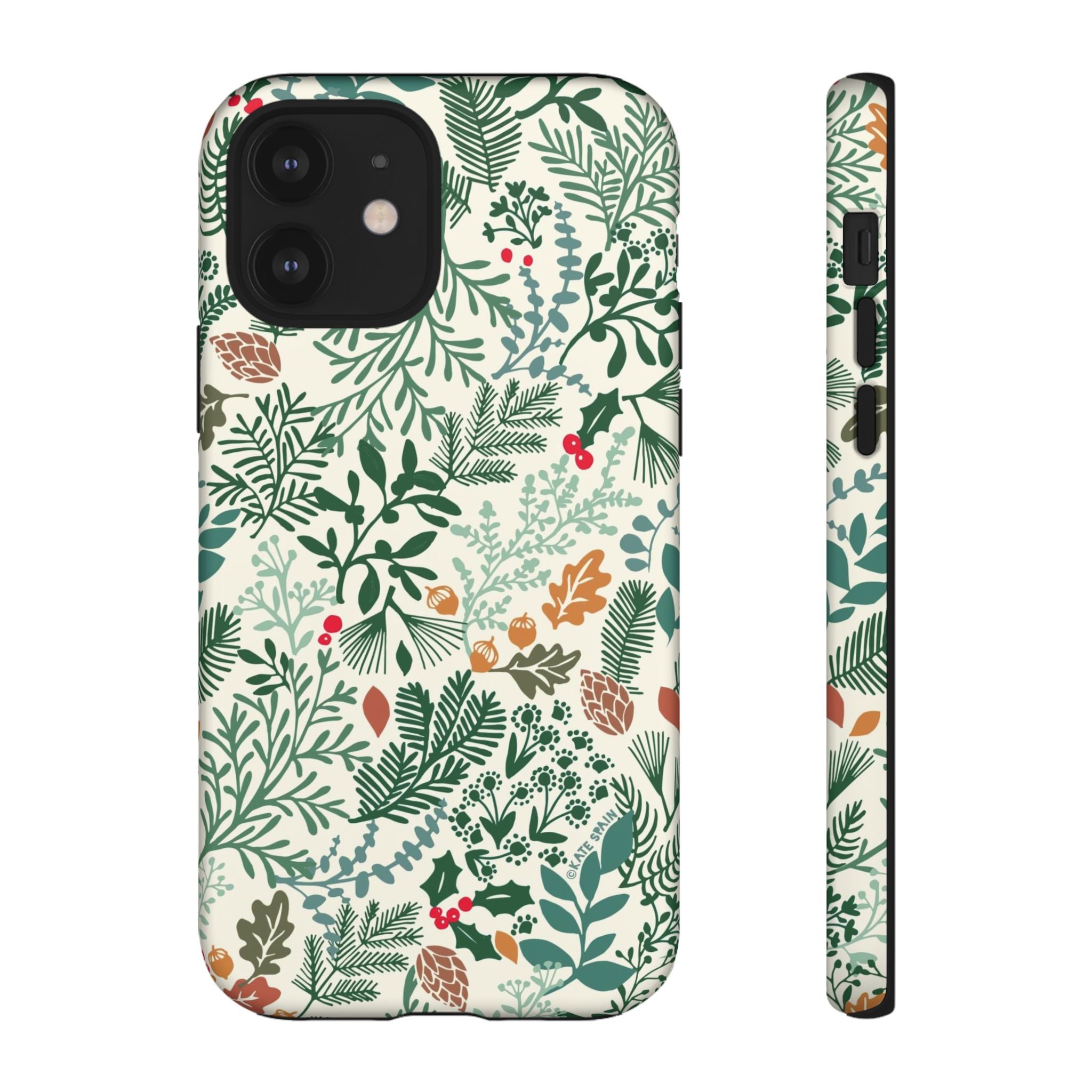 Juniper Tough iPhone 12 Case – Matte | cream, green, red botanical woodland print