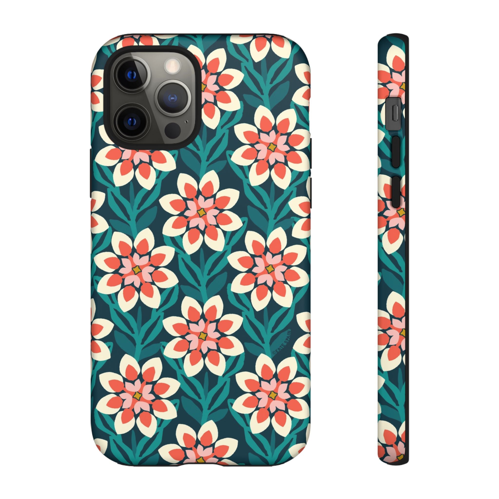 Modern Dahlia Tough iPhone 12 Pro Case – Matte | teal, coral, cream geometric dahlia floral print