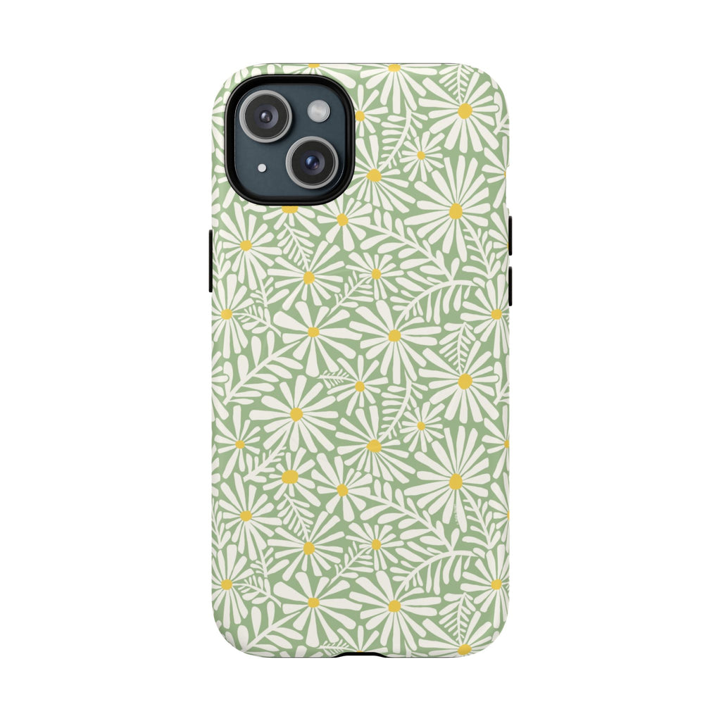 Montauk Daisy Meadow Green MagSafe iPhone 15 Plus Case – Matte | sage green, white graphic daisy and fern print, golden yellow centers MagSafe compatible, dual-layer protection
