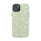 Montauk Daisy Meadow Green MagSafe iPhone 15 Plus Case – Matte | sage green, white graphic daisy and fern print, golden yellow centers MagSafe compatible, dual-layer protection