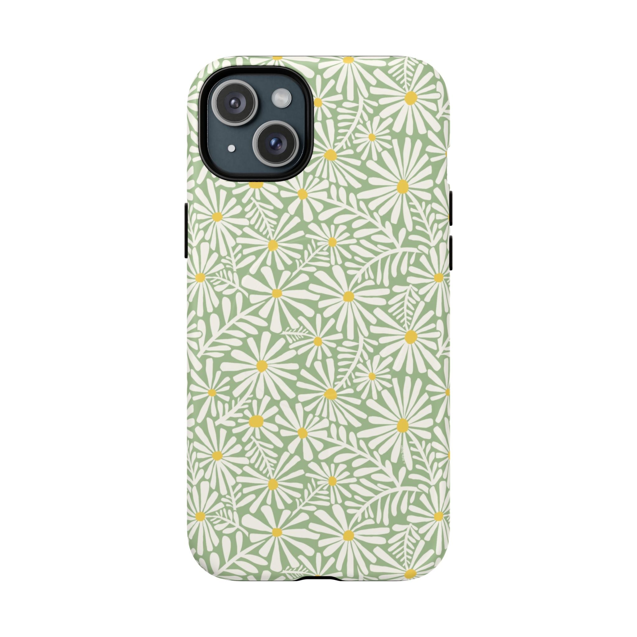 Montauk Daisy Meadow Green MagSafe iPhone 15 Plus Case – Matte | sage green, white graphic daisy and fern print, golden yellow centers MagSafe compatible, dual-layer protection