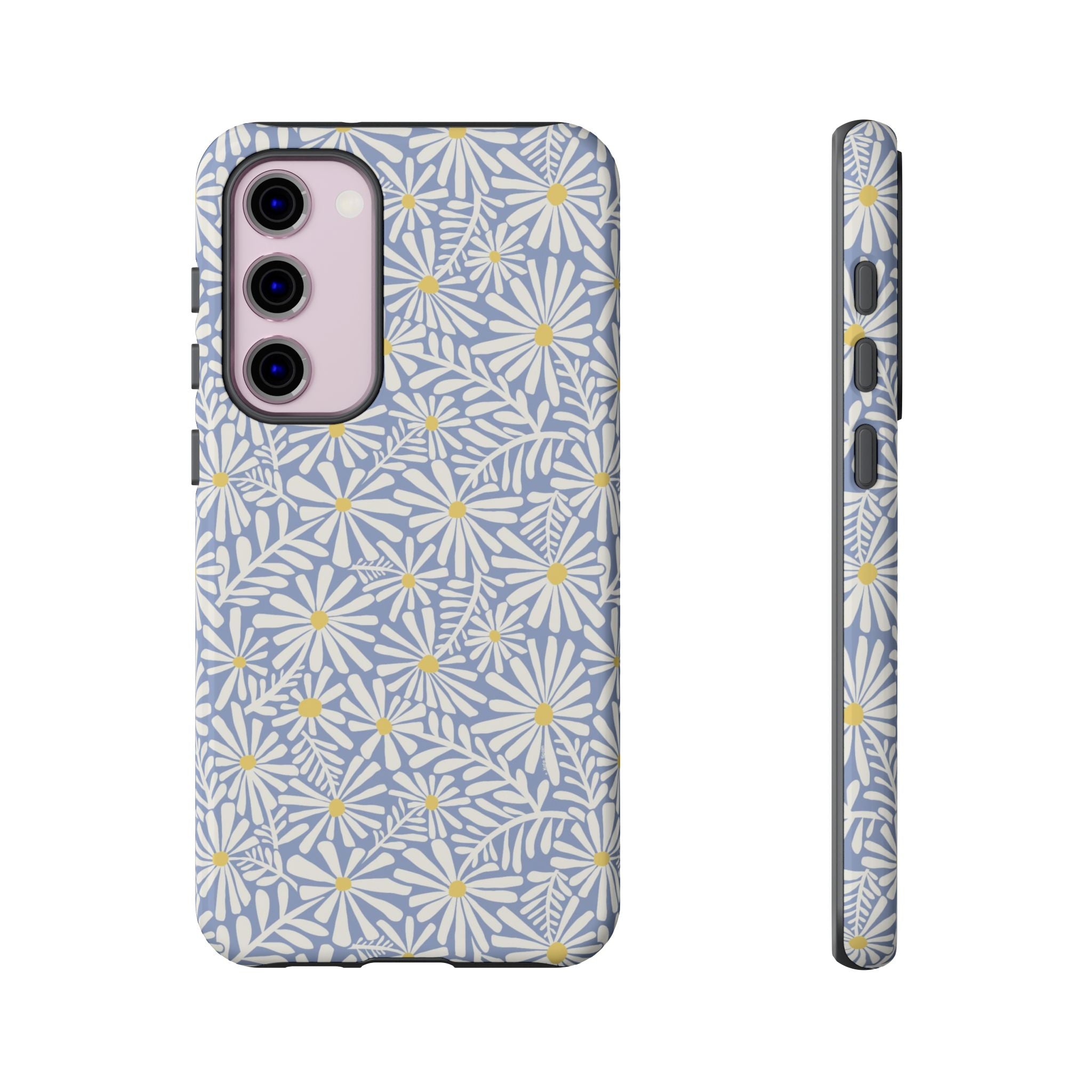 Montauk Daisy Cottage Blue Samsung Galaxy S23 Plus Glossy case — white daisy and fern print on periwinkle blue by Kate Spain