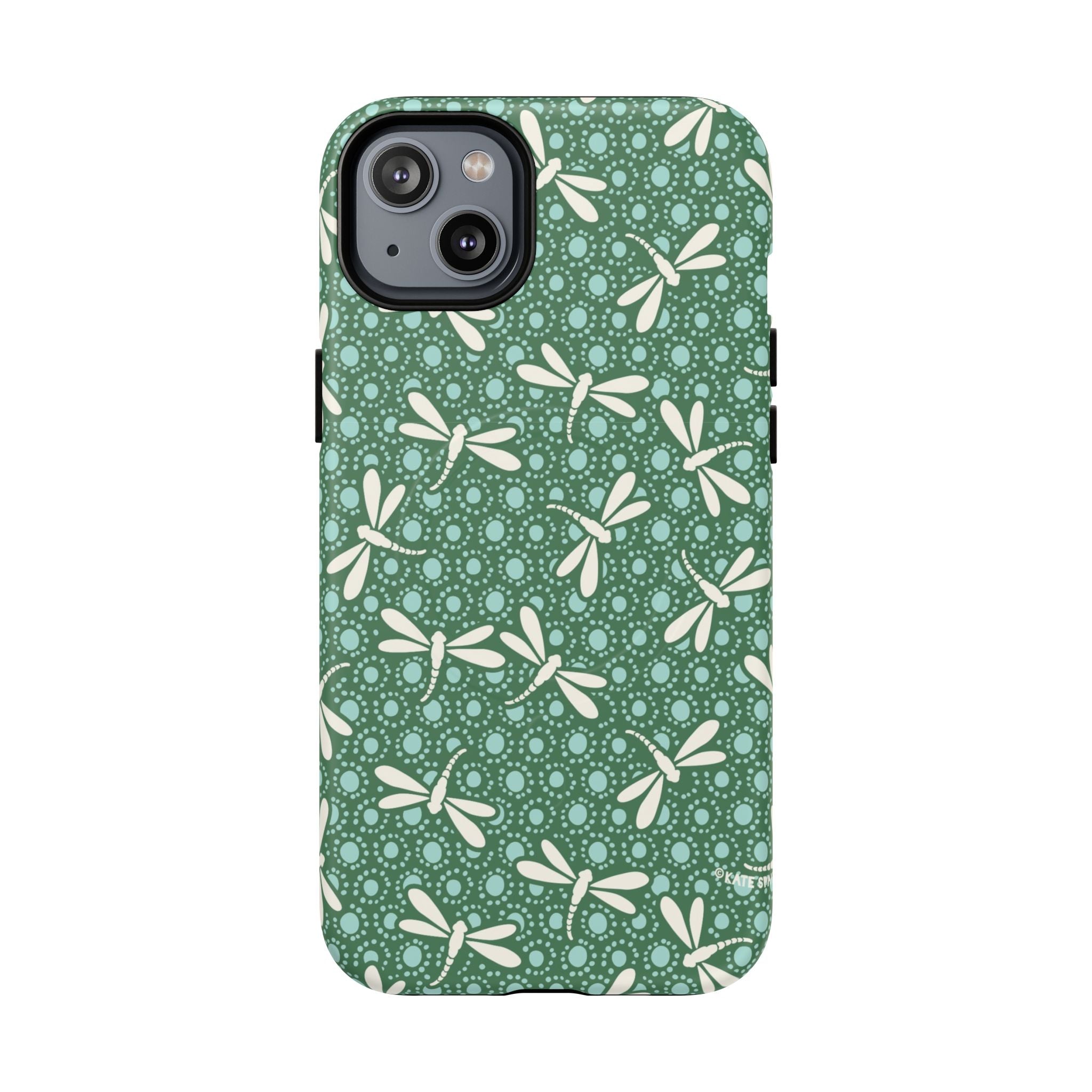 Designer Dragonfly MagSafe iPhone 14 Plus Case – Matte | jade green, aqua, cream dragonfly print