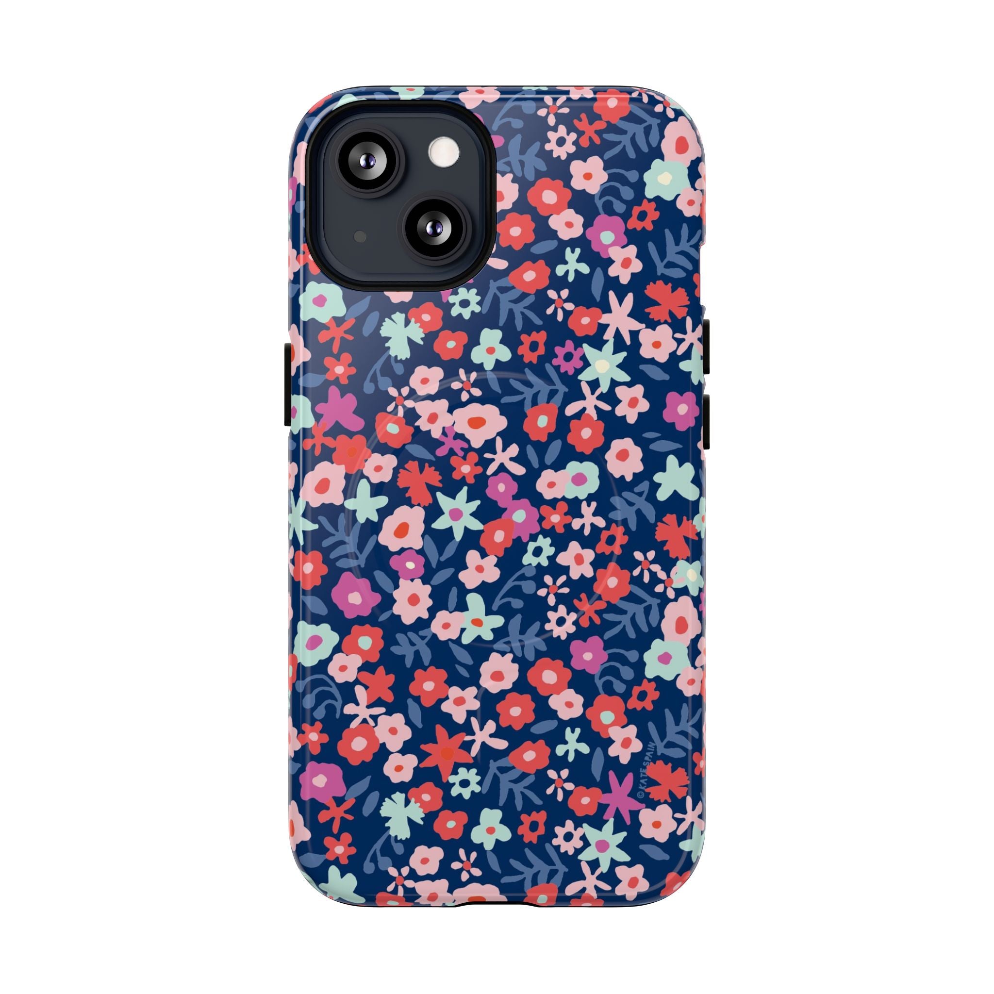 Primrose MagSafe iPhone 13 Case – Glossy | navy, pink, white ditsy floral print