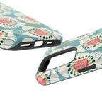 Panache Floral MagSafe iPhone 16 Pro Max Case – Glossy angled view closeup of camera cutout and buttons | sky blue, pale cream, pink anemone floral print